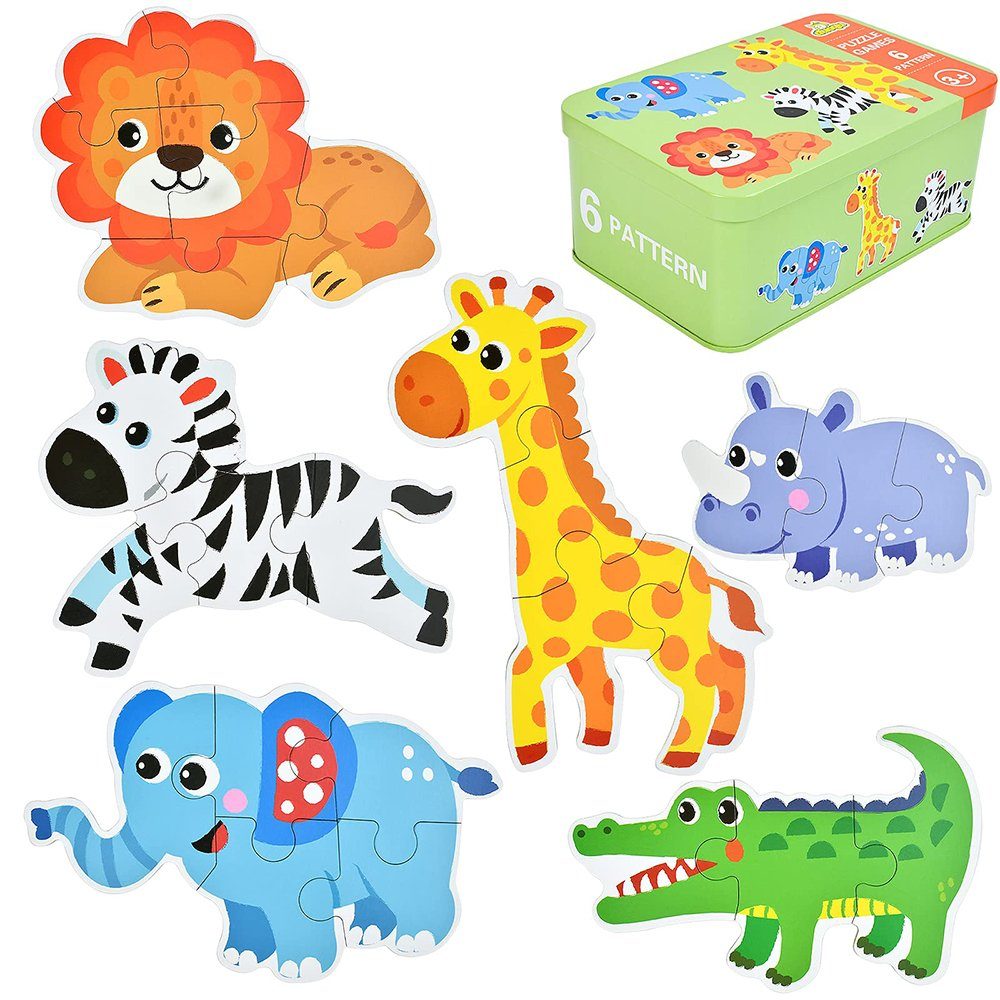 Holzpuzzle Konturenpuzzle Juoungle Puzzles Lernen Puzzleteile Form Frühes Bunt(Wildes Tier) Lernspielzeug, Kinder Set,