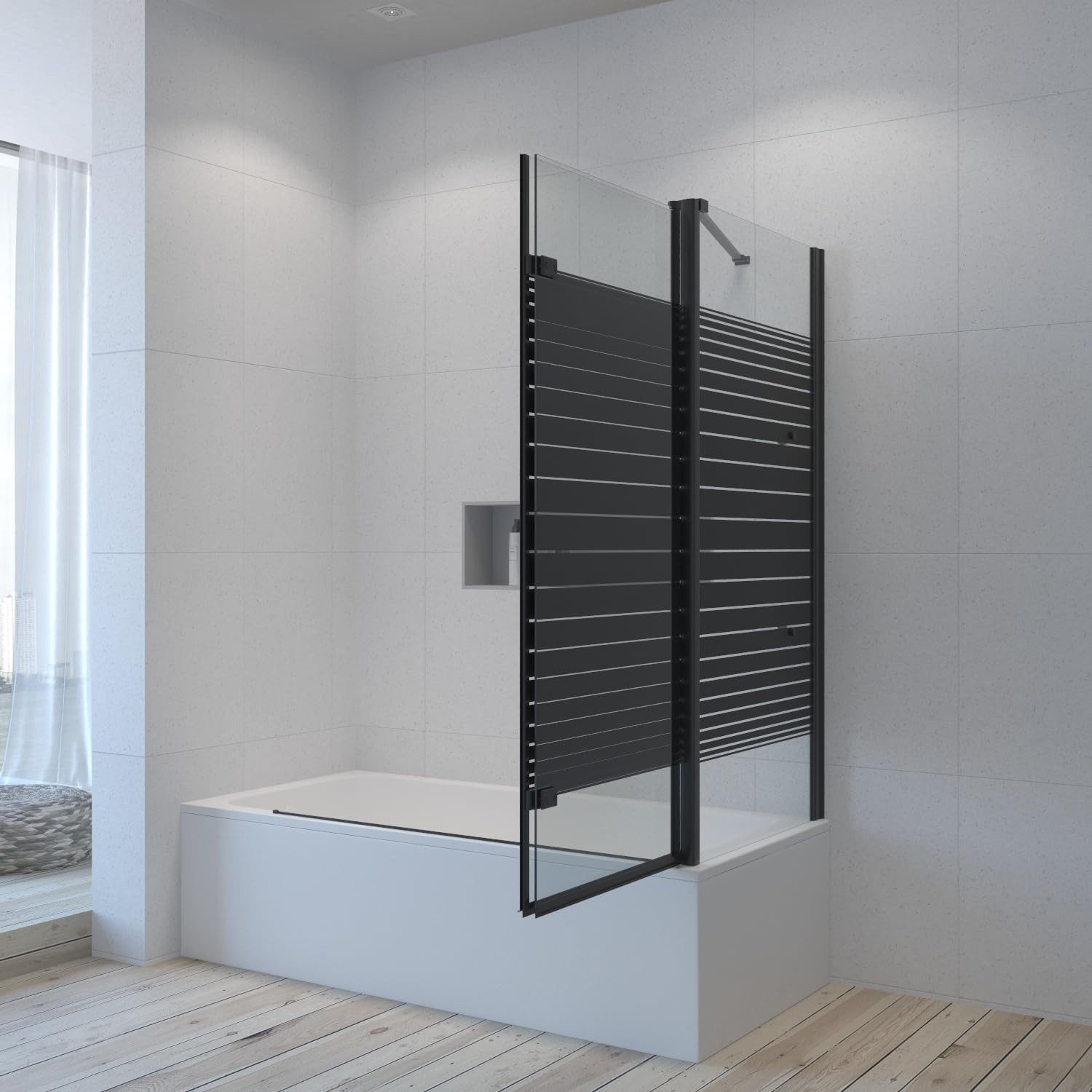 AQUABATOS Badewannenaufsatz Eck Glas mit Seitenwand schwarz 70x80 70x120cm, 5mm Einscheibensicherheitsglas mit Nano Beschichtung Spritzschutzwände Bad Duschwand – Bild 3 von 5
