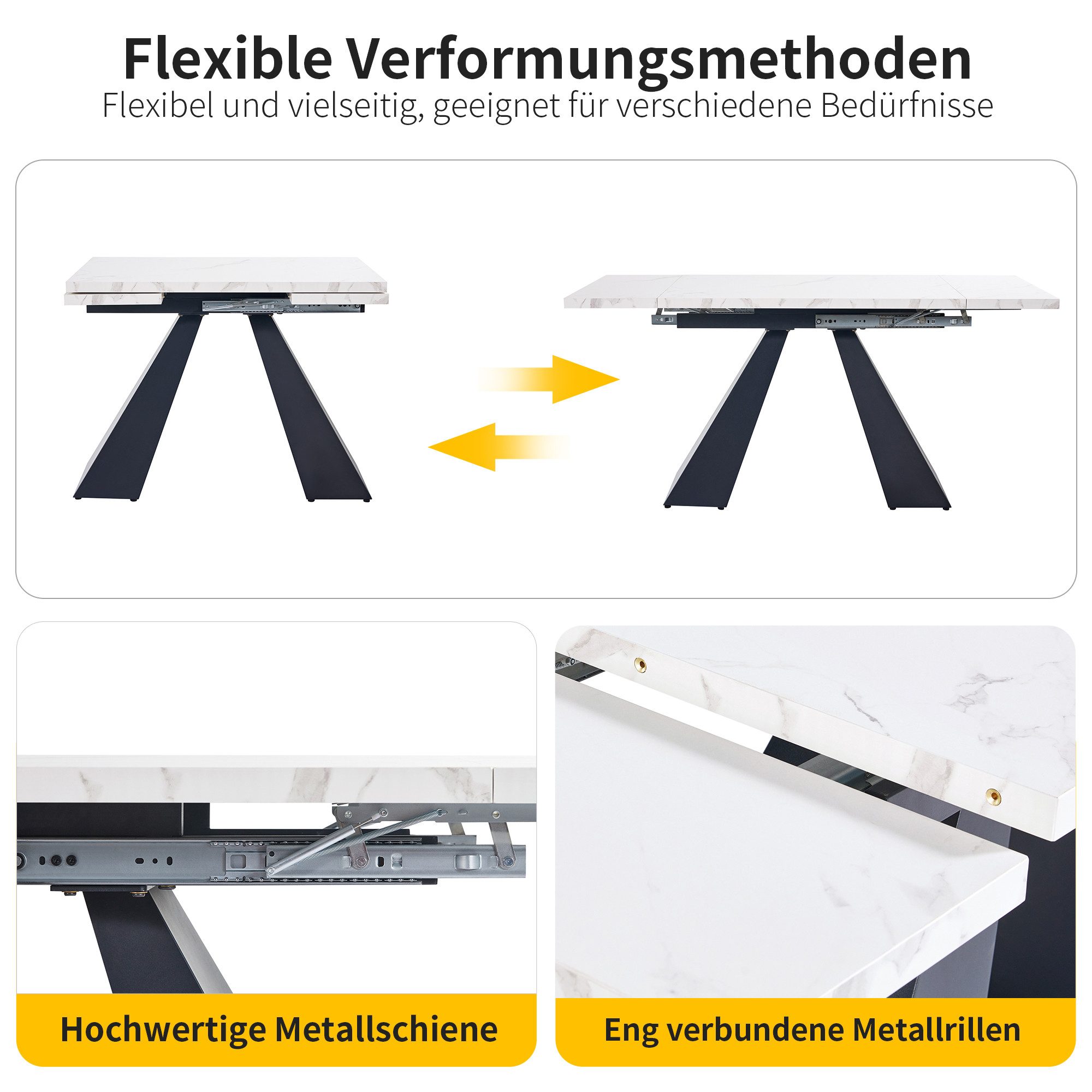 STILVORA Esstisch mit Säulenbeinen,Ausziehtisch Küchentisch mit Marmorierte MDF-Platte (Teleskoptisch Esstisch (99-159×74 cm), Ausziehbar mit Marmoroberfläche, Flexible Größe für Homeoffice & Wohnzimmer, Weißer MDF Tisch mit Carbonstahl-Beinen, Platzsparend & Stabil, Mit Schiebesystem & Verstellbarer Höhe, 1-St., 99-159 cm)