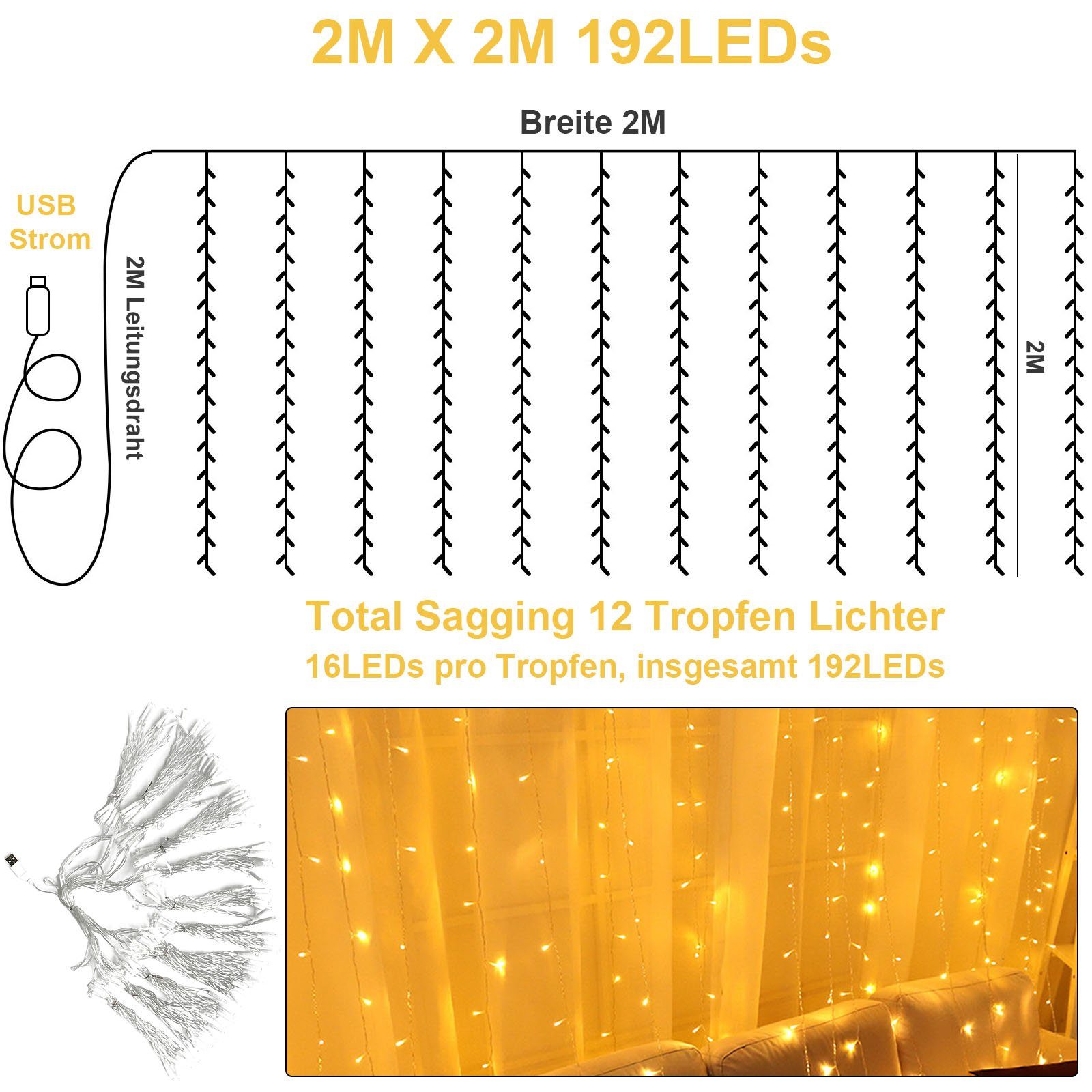Rosnek LED-Lichtervorhang 2x2M, Weihnachten Fenster Warmweiß Wand wasserdicht, für Deko Schlafzimmer USB