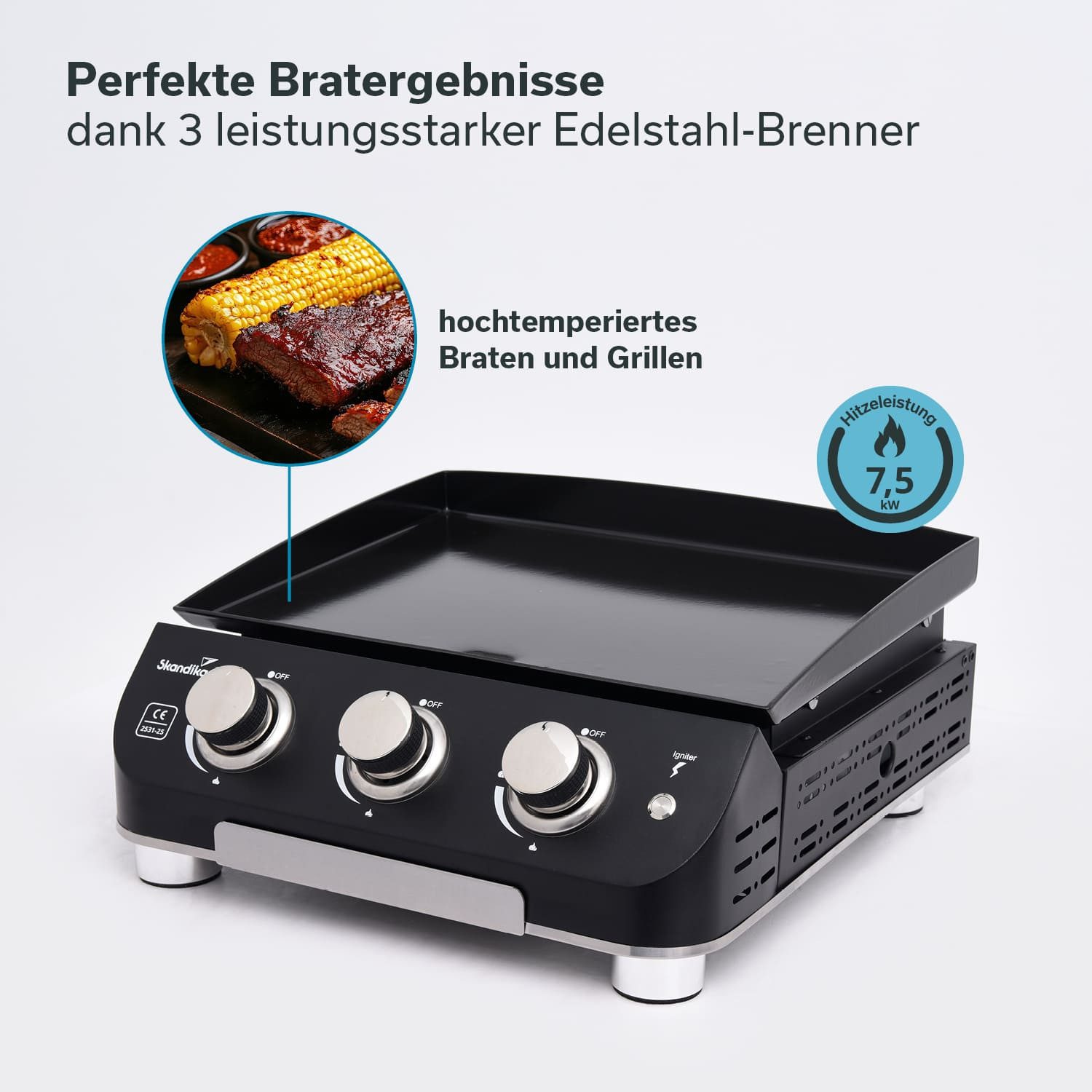 Skandika Camping-Gasgrill 3-Brenner Gasplancha Palo, Balkongrill, Tischgrill, Grillplancha, Zündung: elektrische Pulszündung, Höhenverstellbare Füße, 3 Brenner, Abtropfschale, transportabler Gasgrill mit Kochplatte