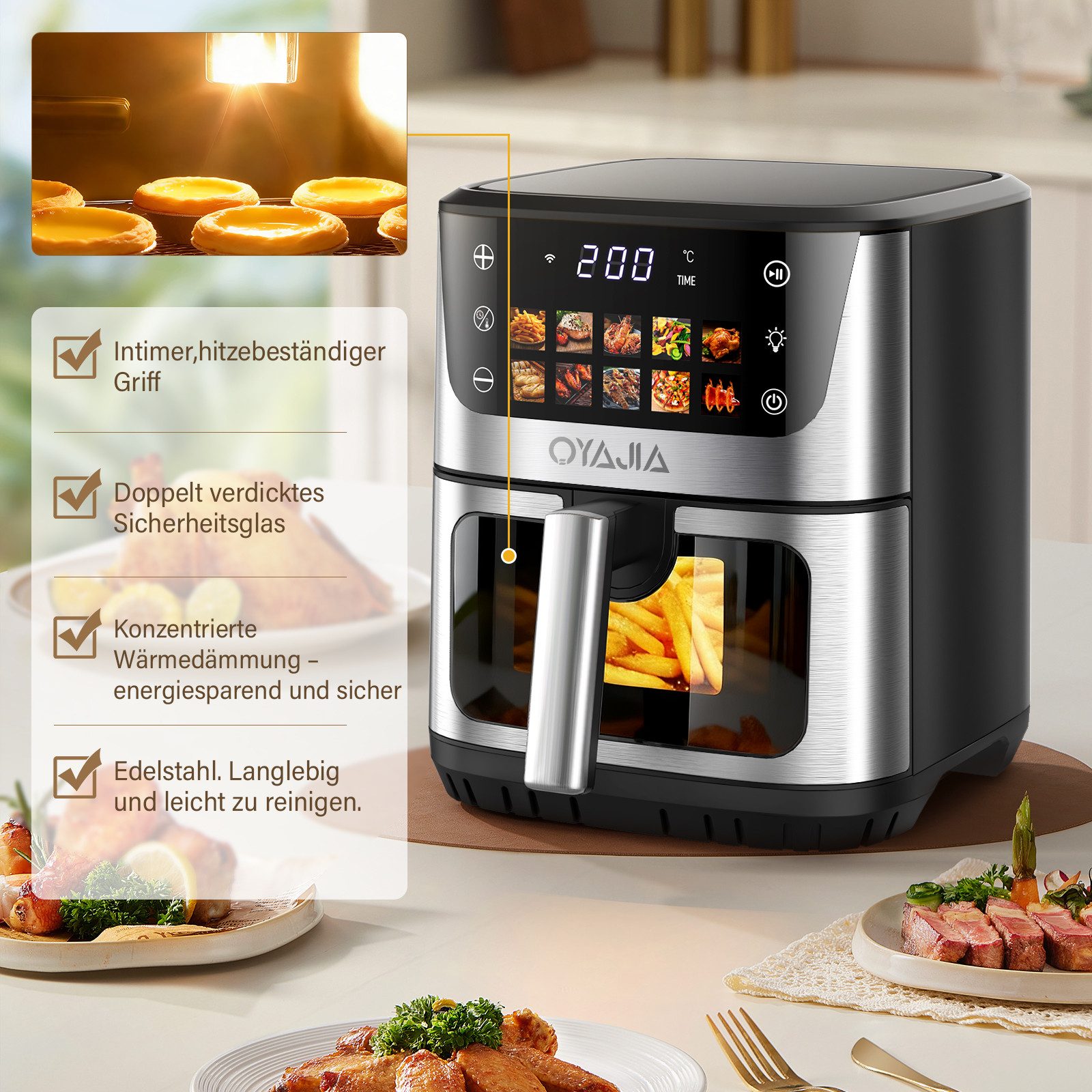 oyajia Heißluftfritteuse 9 Liter XXL Air Fryer, 10in1 Heißluftfritteuse, Farb-LED-Display mit Sensor-Touch Bedienung, fettfreie Zubereitung, inkl. Timer, platzsparend, spülmaschinenfester Korb, 1800,00 W, Heißluftfritteuse ohne Öl, Warmhaltefunktion