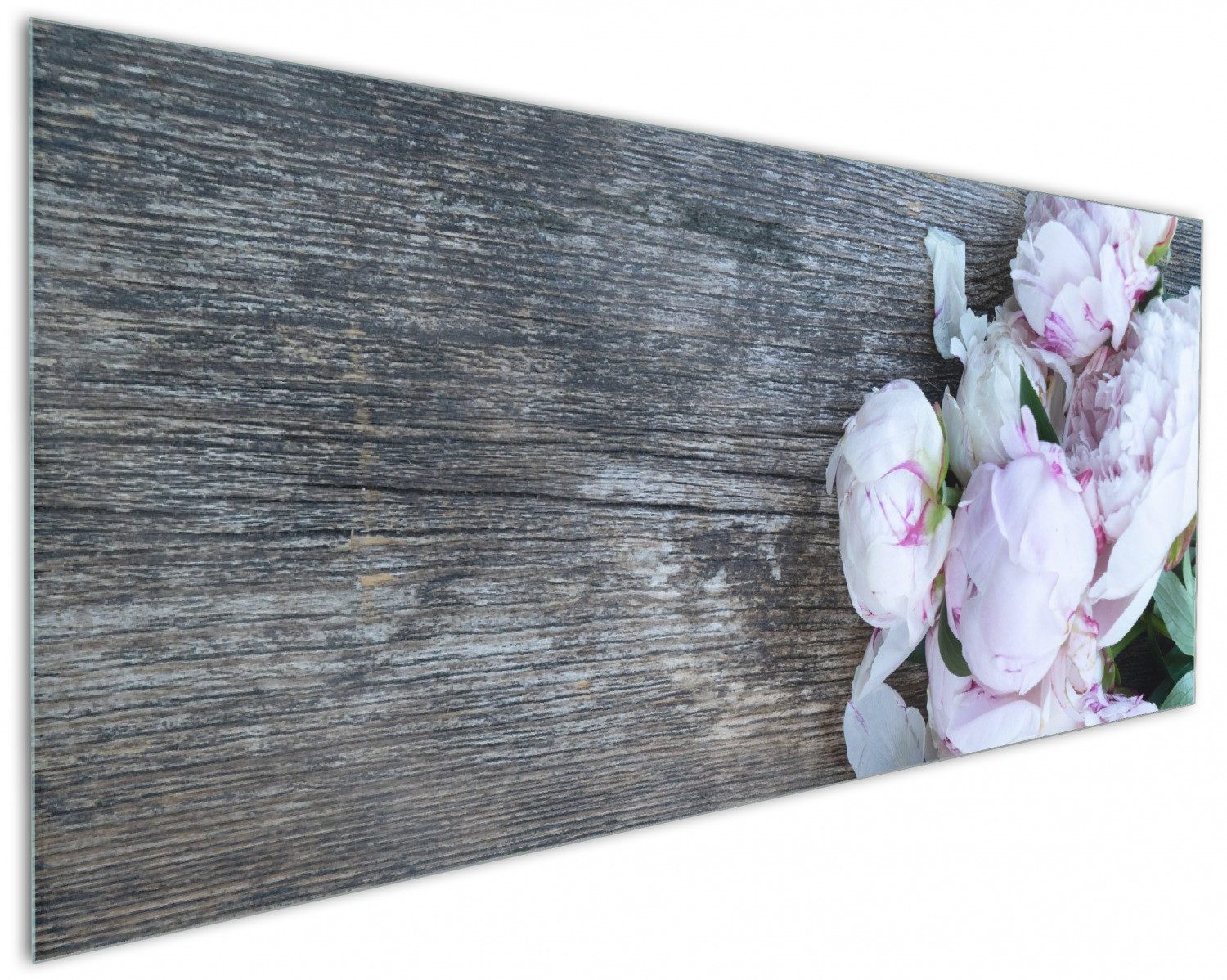 Wallario Küchenrückwand Pinke Blumen auf Holz, (1-tlg)