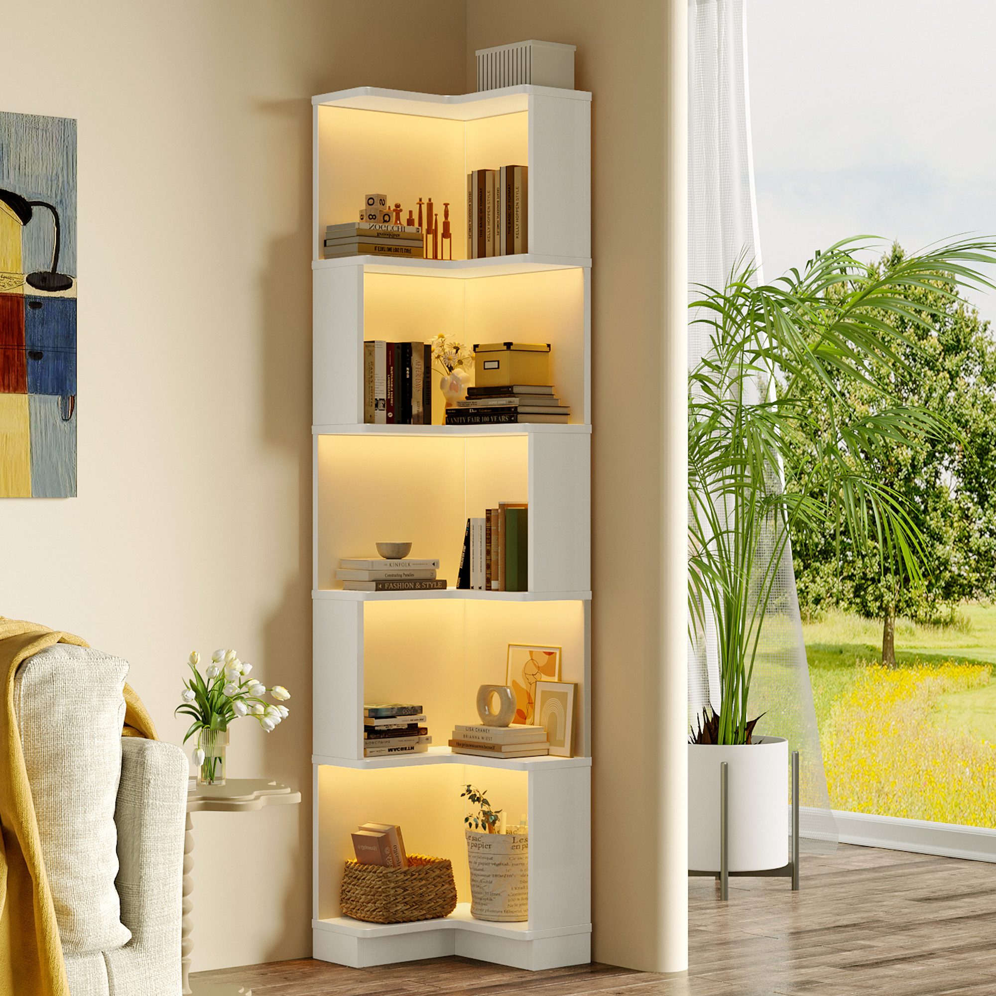 Flieks Bücherregal Standregal Eckregal mit LED-Beleuchtung und 6 Ebenen/5 Ebenen, B63,5/T45/H175 cm 1-tlg., Eckbücherregal mit 5 Fächer L-förmig Hochschrank Eckregal Weiß