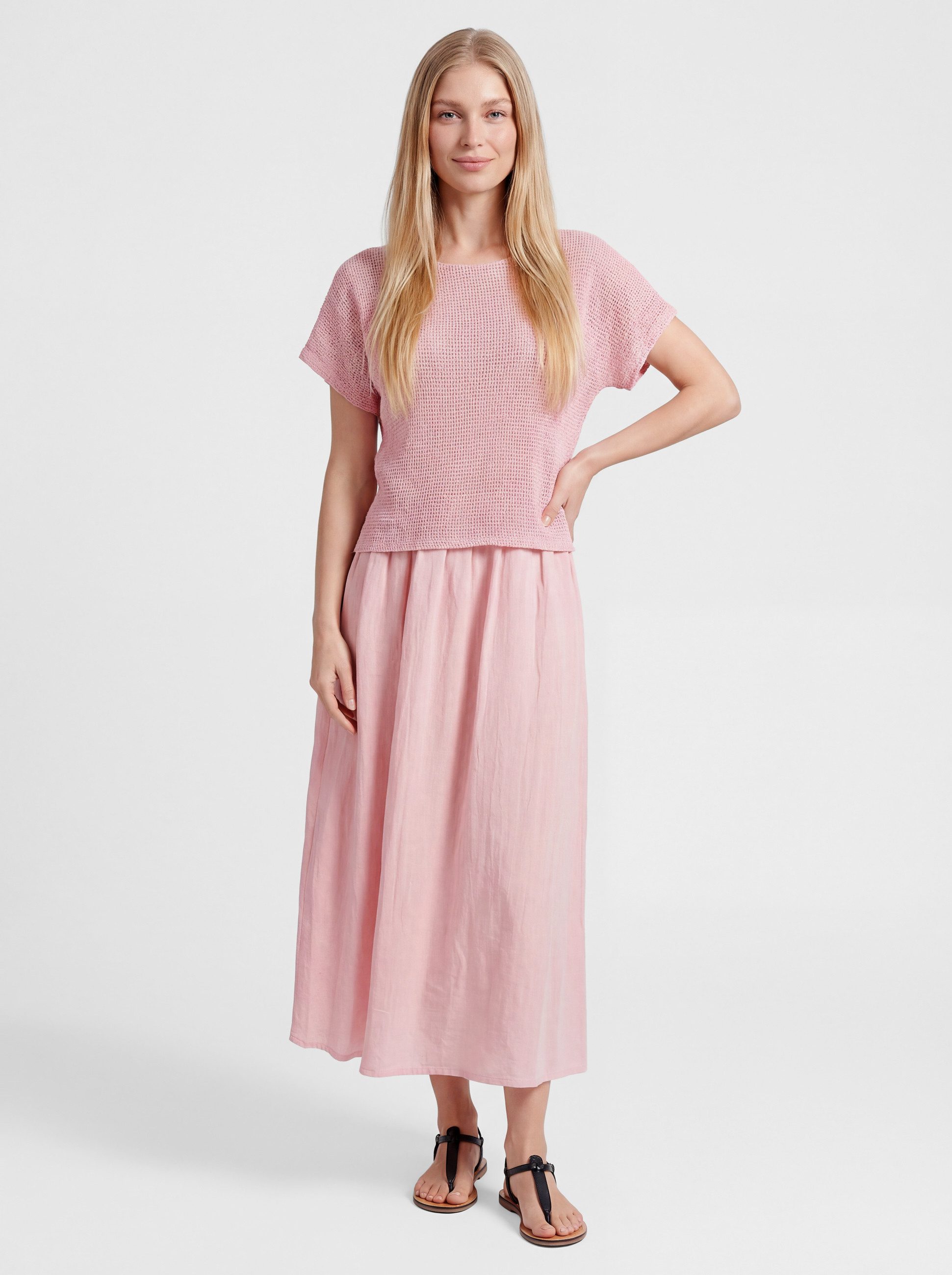 PEKIVESSA Sommerkleid Lässiges Midikleid im angesagten Lagen-Look aus Baumwolle-Leinen-Webstoff