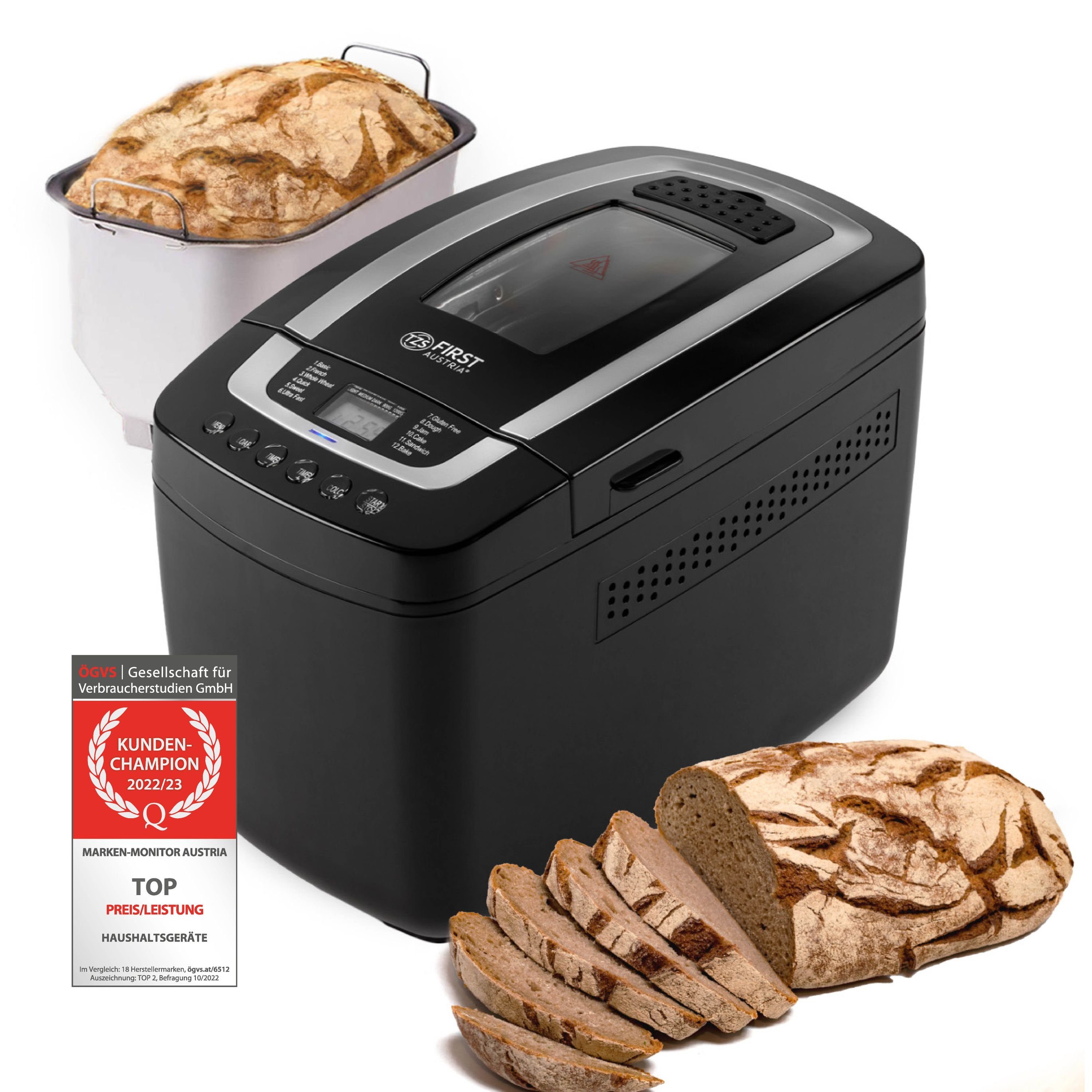 TZS FIRST AUSTRIA Brotbackautomat Brotbackmaschine, automatisch, 750g und 1250g Brot, mit Timer, Display, 800 W, Brotbackautomat, inkl. 2 Knethaken, Antihaftbeschichtet,Sauerteig
