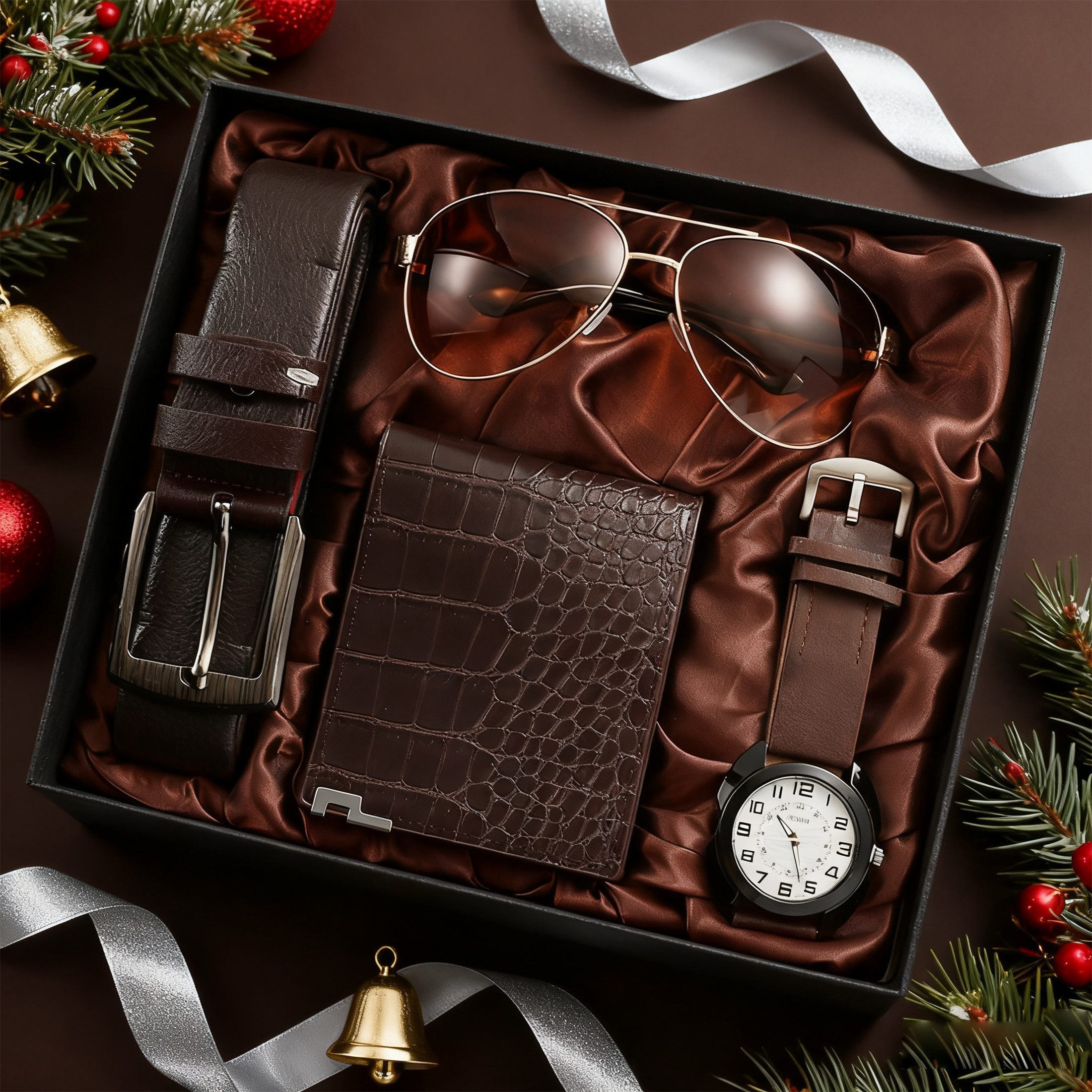 Geldbörse 4-teiliges Herren Geschenkset, Uhr, Gürtel,Sonnenbrille