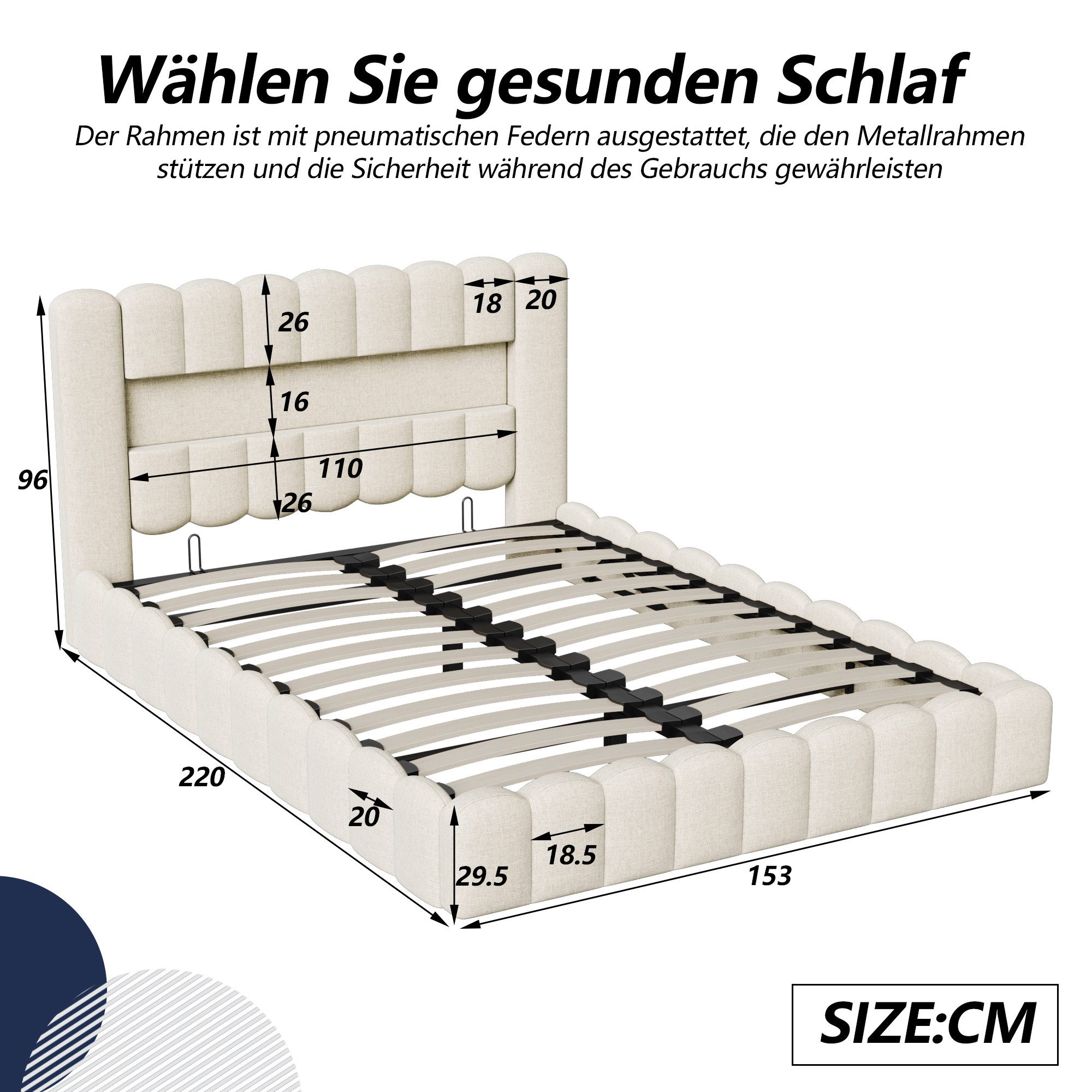 PXloue Polsterbett LED hydraulisches Doppelbett, Stauraumbett,Hydraulisch anhebbarer Bettstauraum,140x200 cm – Bild 5 von 5
