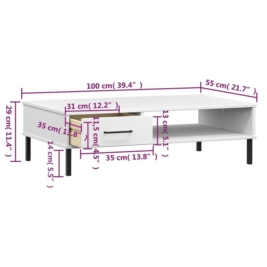 vidaXL Couchtisch Couchtisch OSLO Weiß | Metallbeinen Weiß Weiß Massivholz (1-St) Kiefer mit