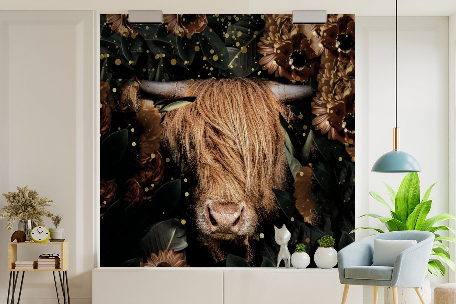 MuchoWow Fototapete Schottischer Highlander - Wandtapete Licht, St), - oder Tiere Schlafzimmer, für Vinyl bedruckt, - Blumen Tapete Matt, Wohnzimmer (5