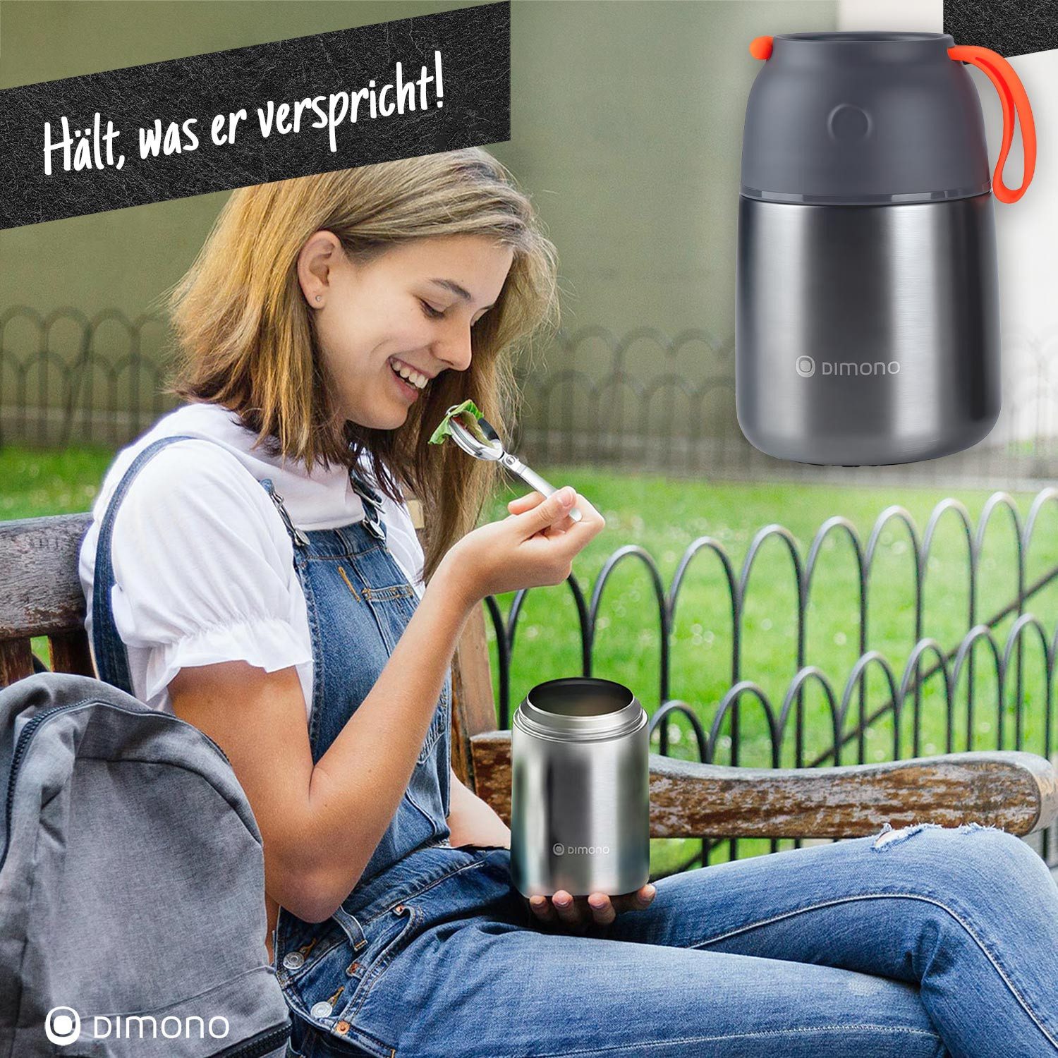 Dimono Thermobehälter Edelstahl Thermobehälter – Warmhaltebehälter mit Löffel & Silikonband, Edelstahl, (to-Go Lebensmittelbehälter, Essensbehälter für unterweg – Bild 5 von 5