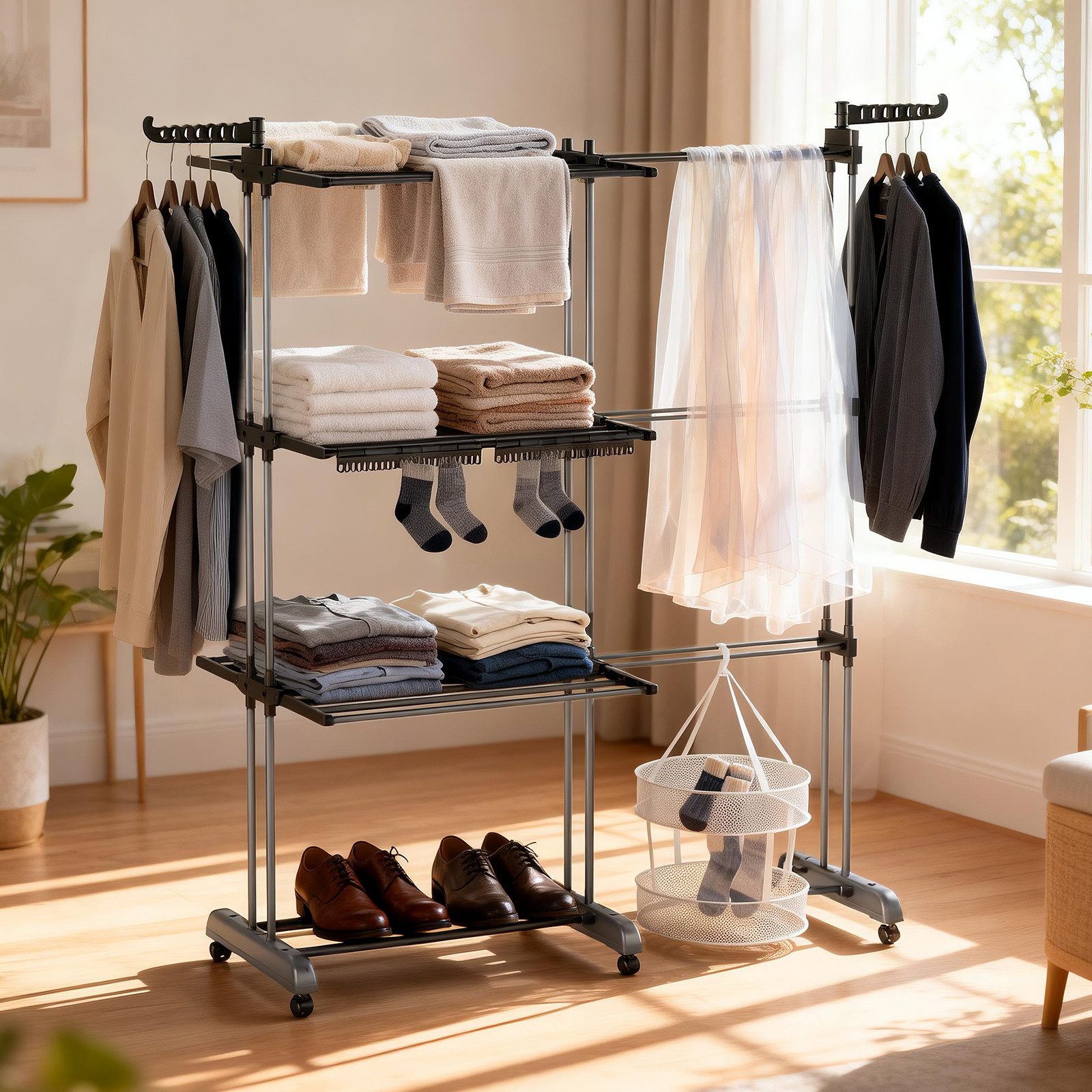 Huracan Wäscheständer Turm 2in1 Klappbar, Wäscheturm, Turmwäscheständer Hoch, Flügelwäscheständer Clothes, 3 Etagen