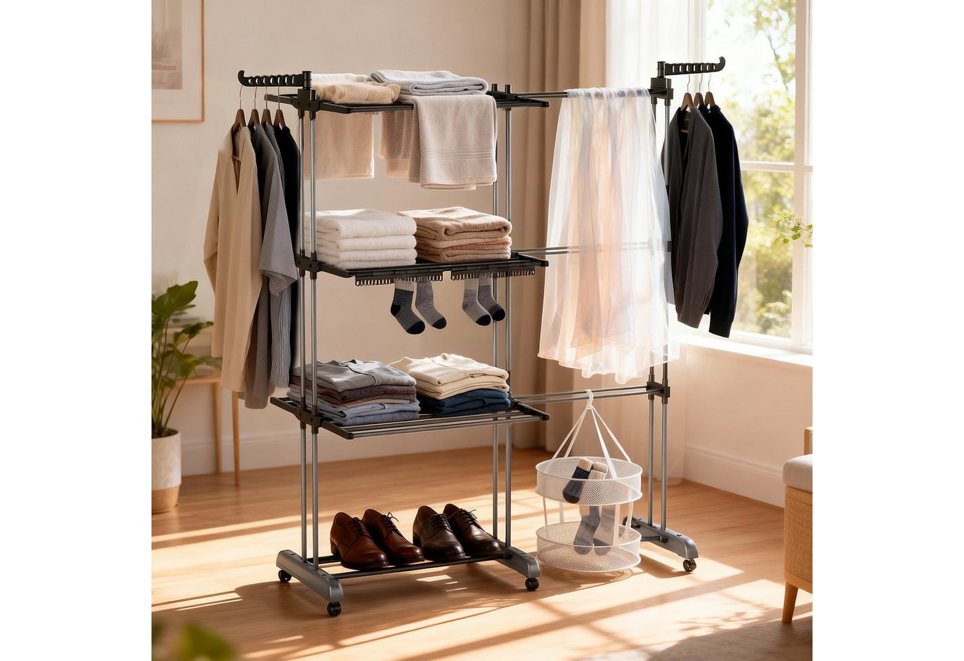 Huracan Wäscheständer Turm 2in1 Klappbar, Wäscheturm, Turmwäscheständer Hoch, Flügelwäscheständer Clothes, 3 Etagen