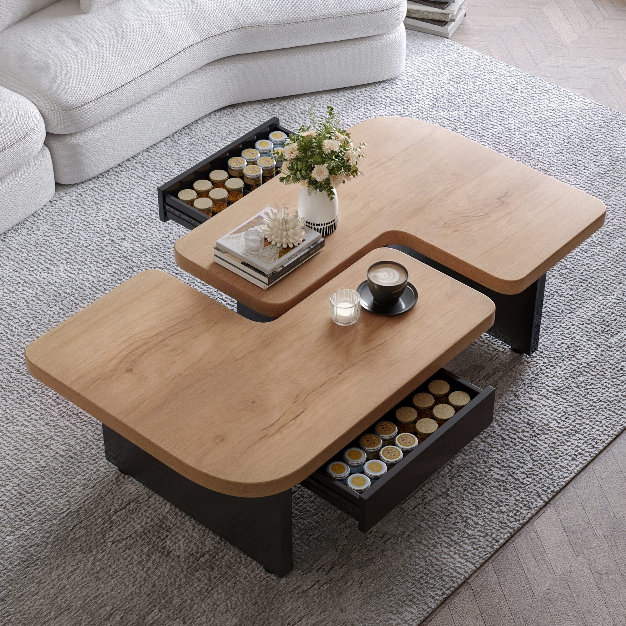 KLAM HOME Couchtisch Beistelltisch Sofatisch mit LED-Design aus umweltfreundlichem Holz (2-in-1-Design, beliebige Kombination, Design in natürlicher Holzfarbe), 2 Schubladen, weiche Rundungen, höhenverstellbare Füße