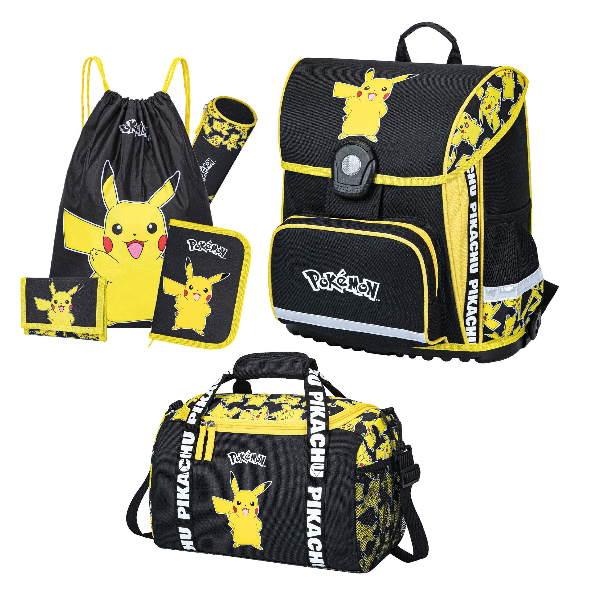 Familando Schulranzen Pokemon für Kinder von der 1. bis 4. Klasse, Ergonomisch & Leicht (Set, 6-tlg), mit großer Sporttasche
