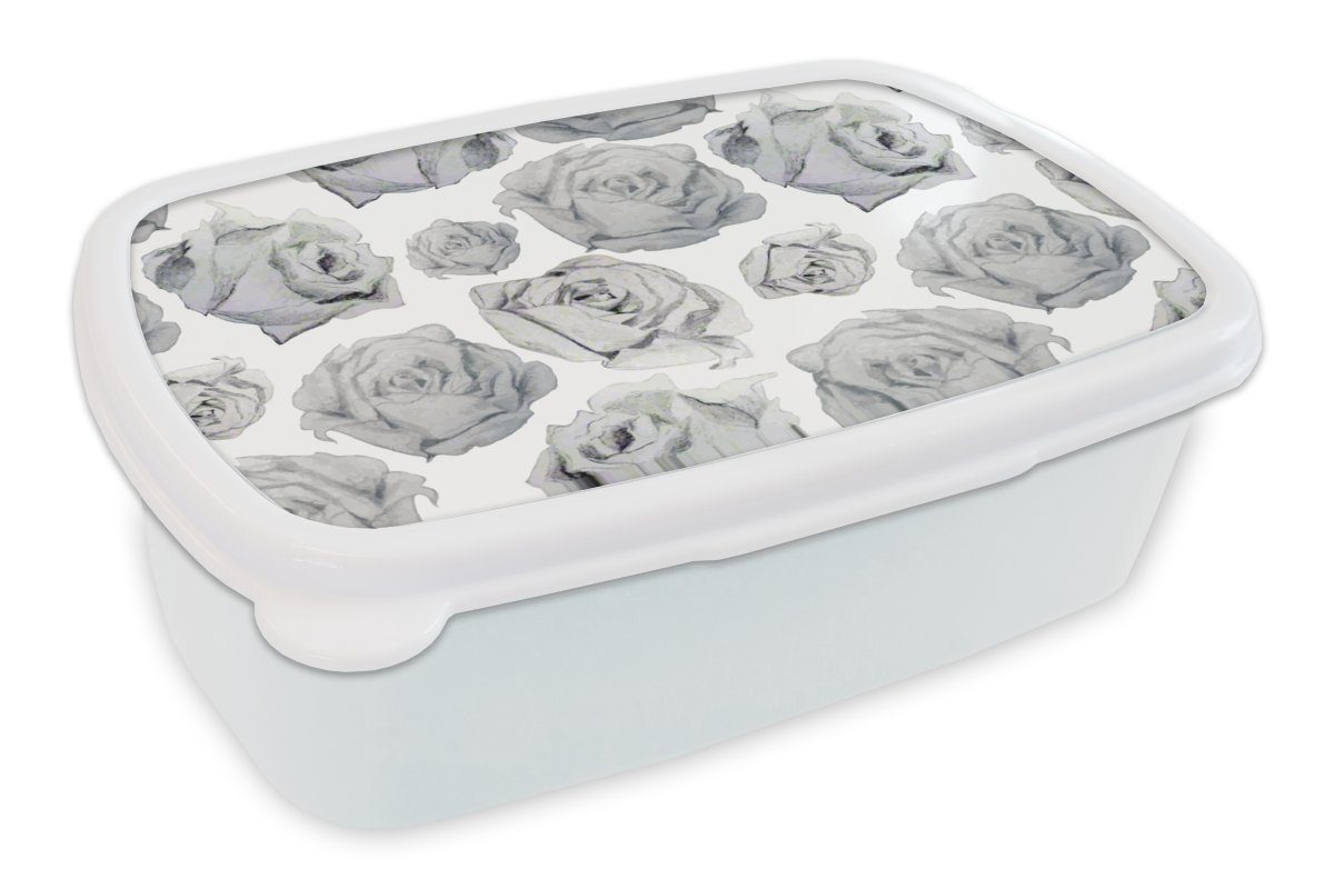 MuchoWow Lunchbox Rosen - Blume - Schwarz und weiß - Muster, Kunststoff, (2-tlg), Brotbox für Kinder und Erwachsene, Brotdose, für Jungs und Mädchen