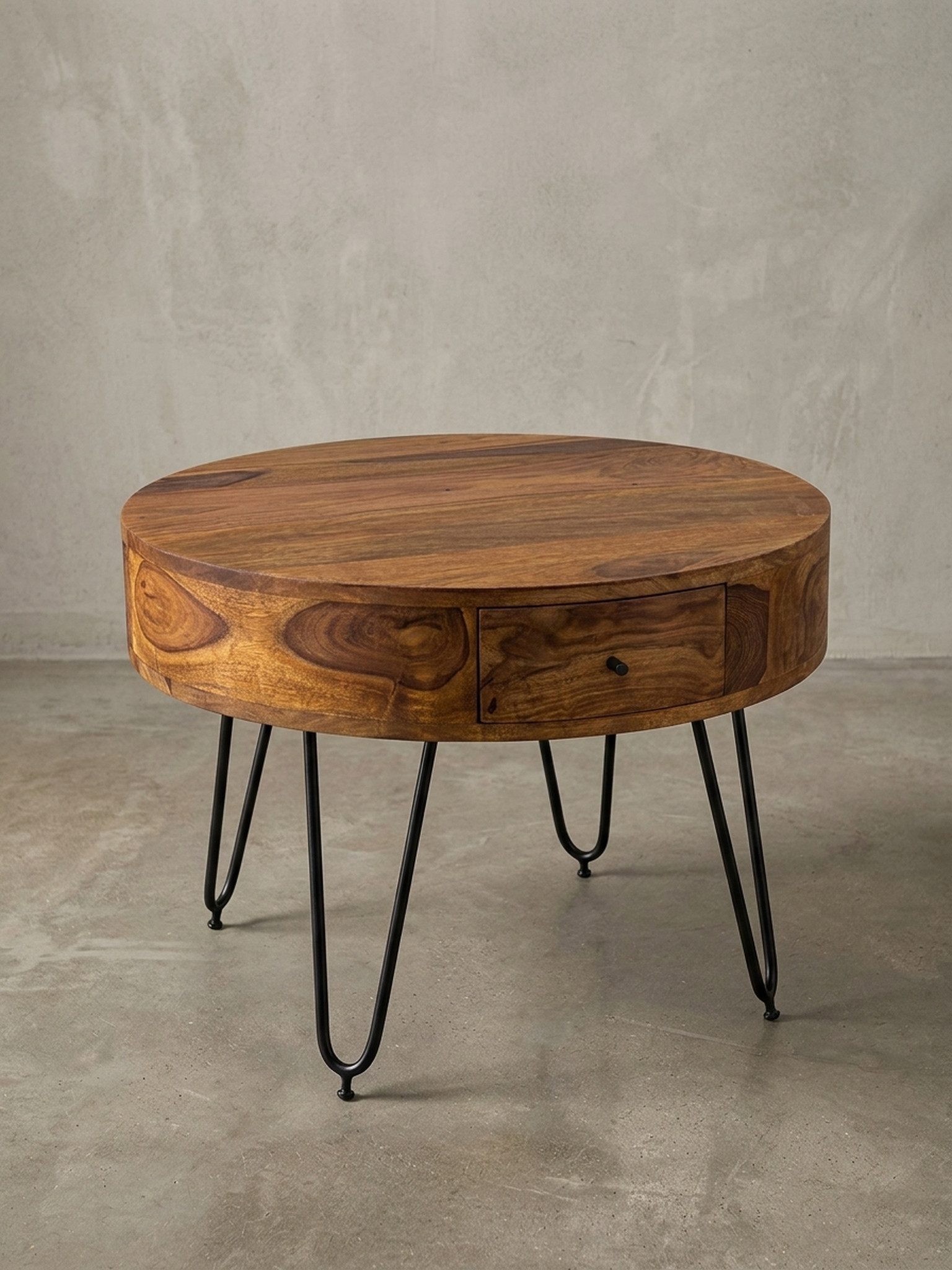 KADIMA DESIGN Couchtisch Couchtisch Massivholz Metall 60x44,5x60 cm Tisch Wohnzimmer Sofatisch (Wohnzimmertisch Rund Braun), Wohnzimmer, Design Beistelltisch mit Schubladen, Kleiner