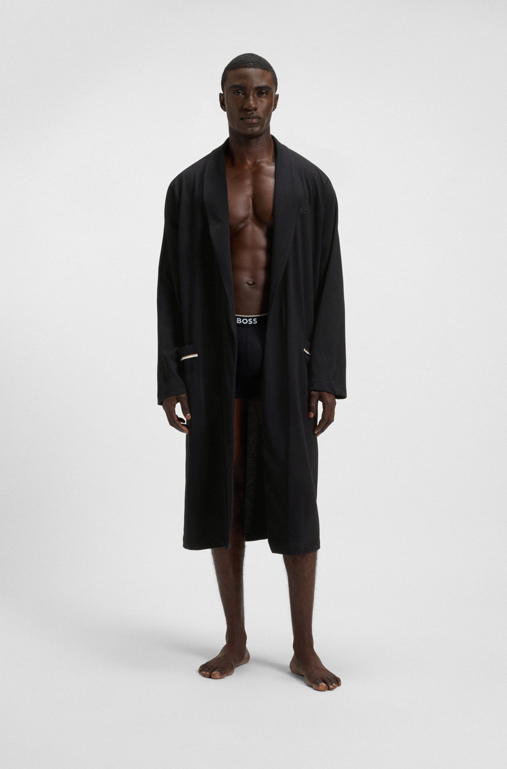 BOSS Morgenmantel, Langform, Baumwolle, Gürtel, aus Baumwoll-Jersey mit Logo-Stickerei