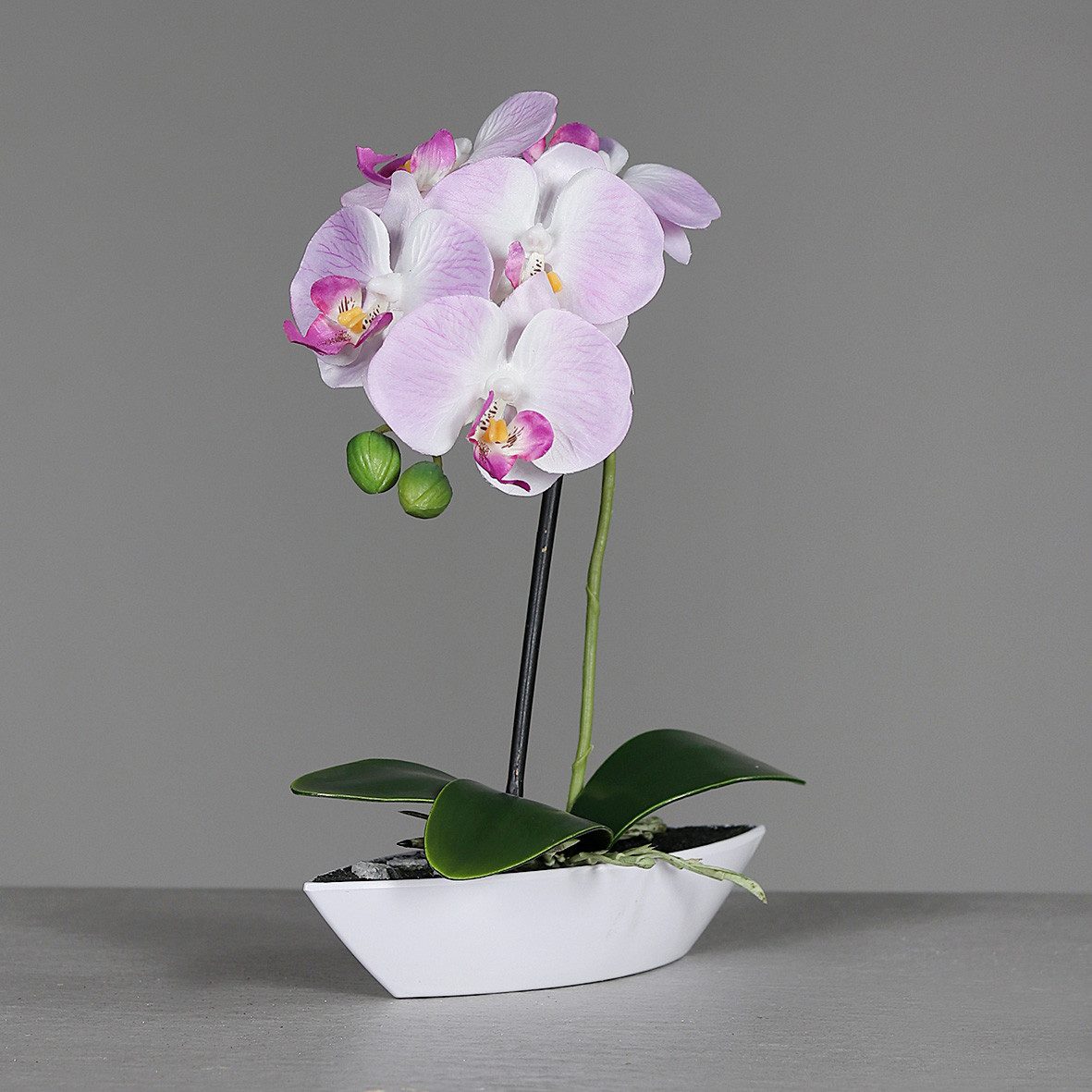 Kunstorchidee 30cm im Kunststoff-Schiffchen künstliche Orchidee, mucPlants