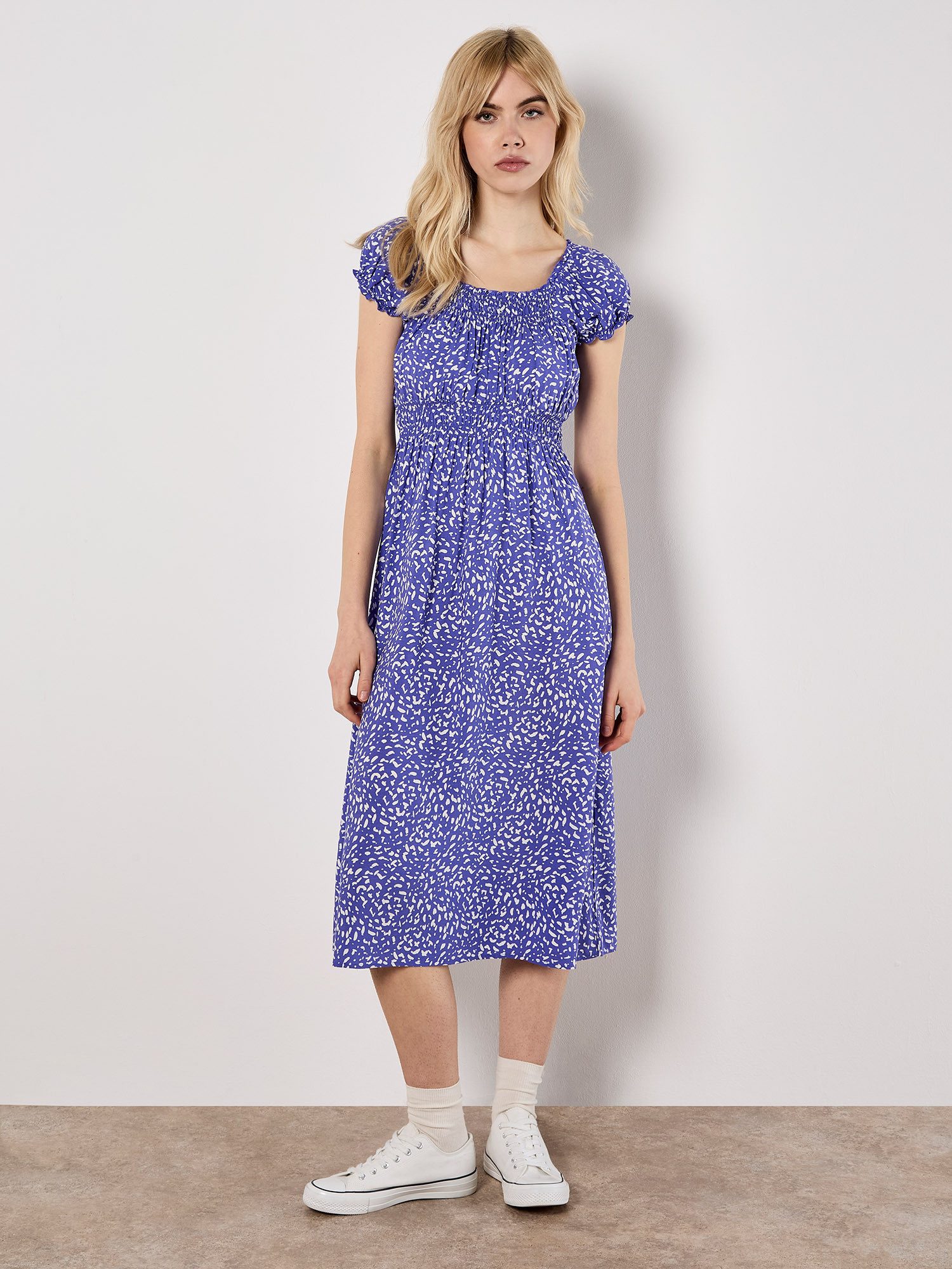 Apricot Druckkleid Midikleid Elastischer Bund