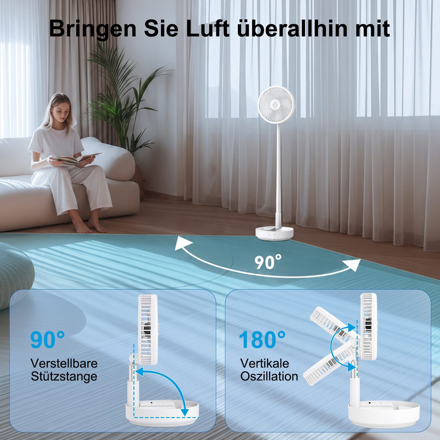 MOPUEA Akku-Standventilator Akku-Standventilator Faltbar Höhenverstellbar Fernbedienung Tragbar, 10400 mAh Akku leise faltbar 90° Schwenkung 8 Std Timer – Bild 2 von 5