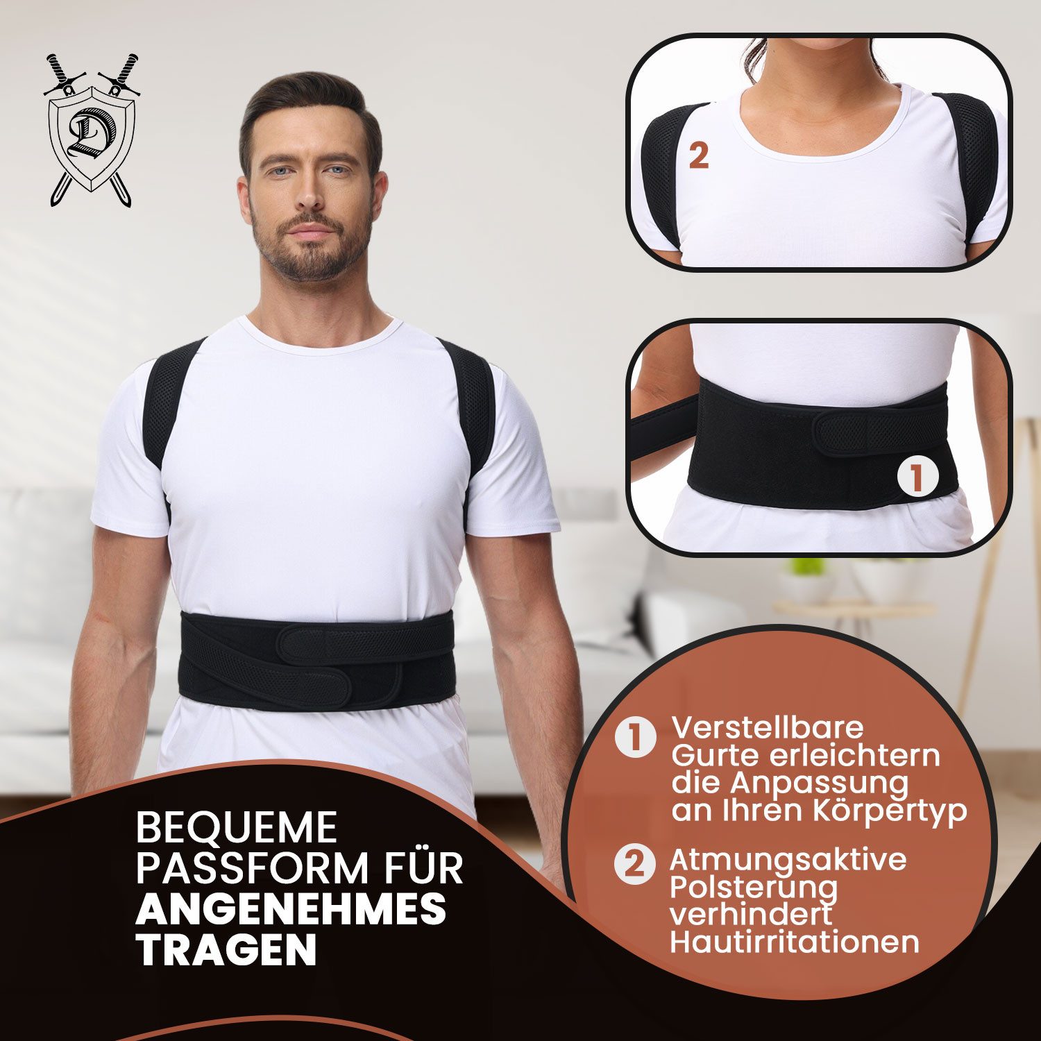 DONNERKRAFT Bauch- und Rückenstützgürtel Haltungskorrektur Haltungstrainer Herren Damen + Ebook Leitfaden, Verstellbar