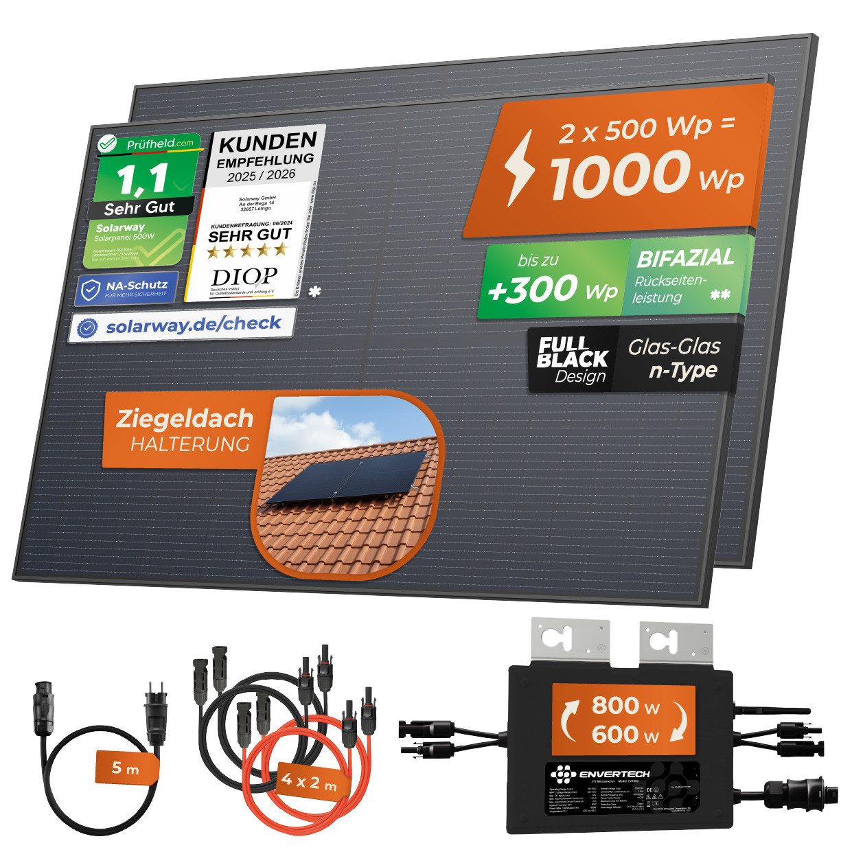Solarway Balkonkraftwerk 1000W Komplettset Envertech 800 Watt Solaranlage Steckdose, 1000 W, Monokristallin, (Solaranlage Komplettset Premium - Solarmodule), IP – Bild 2 von 5