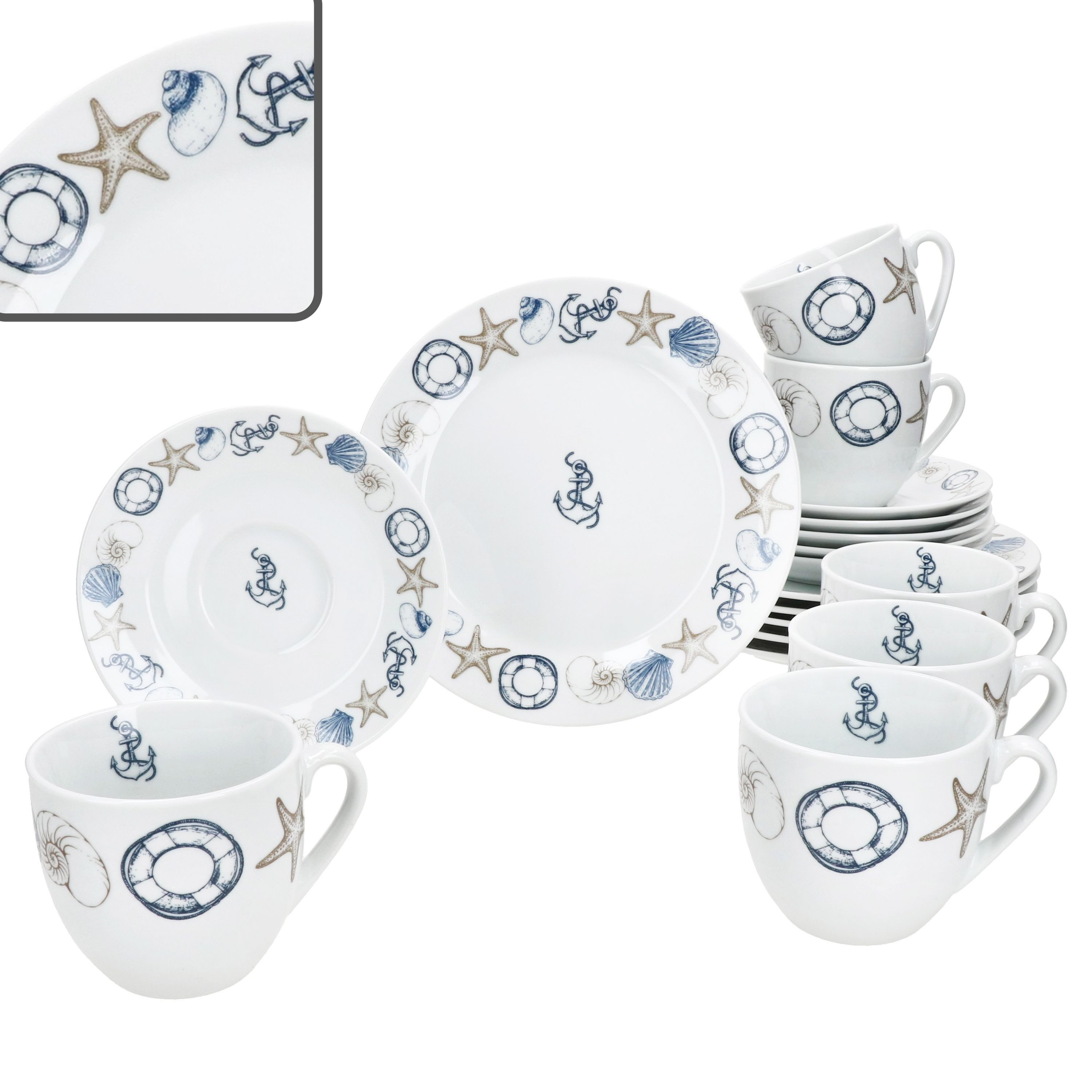 Kaffeeservice Neptun 18tlg Kaffeeservice Porzellan 6Pers Tasse Teller Anker maritim