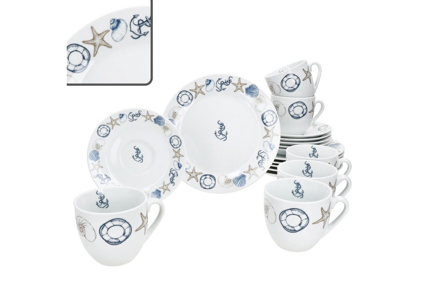 MamboCat Kaffeeservice Neptun 18tlg Kaffeeservice Porzellan 6Pers Tasse Teller Anker maritim, Porzellan