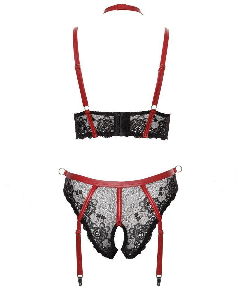 Cottelli Collection Set: Bügelloser BH Dessous-Set mit Halsband und Arrmmanschetten - schwarz, rot (2-tlg) mit offenem Schritt