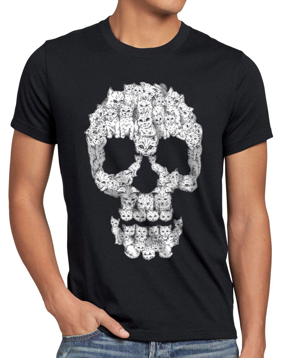 style3 Skull bbt mieze miez tattoo Cat Herren T-Shirt Print-Shirt katze katzen totenkopf rock kater