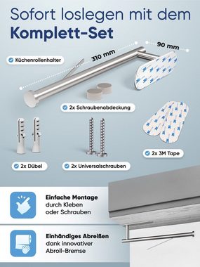 Wohnheld Küchenrollenhalter Küchenrollenhalter Küchenrolle MIT Abrollbremse Silber, mit Befestigung ohne Bohren