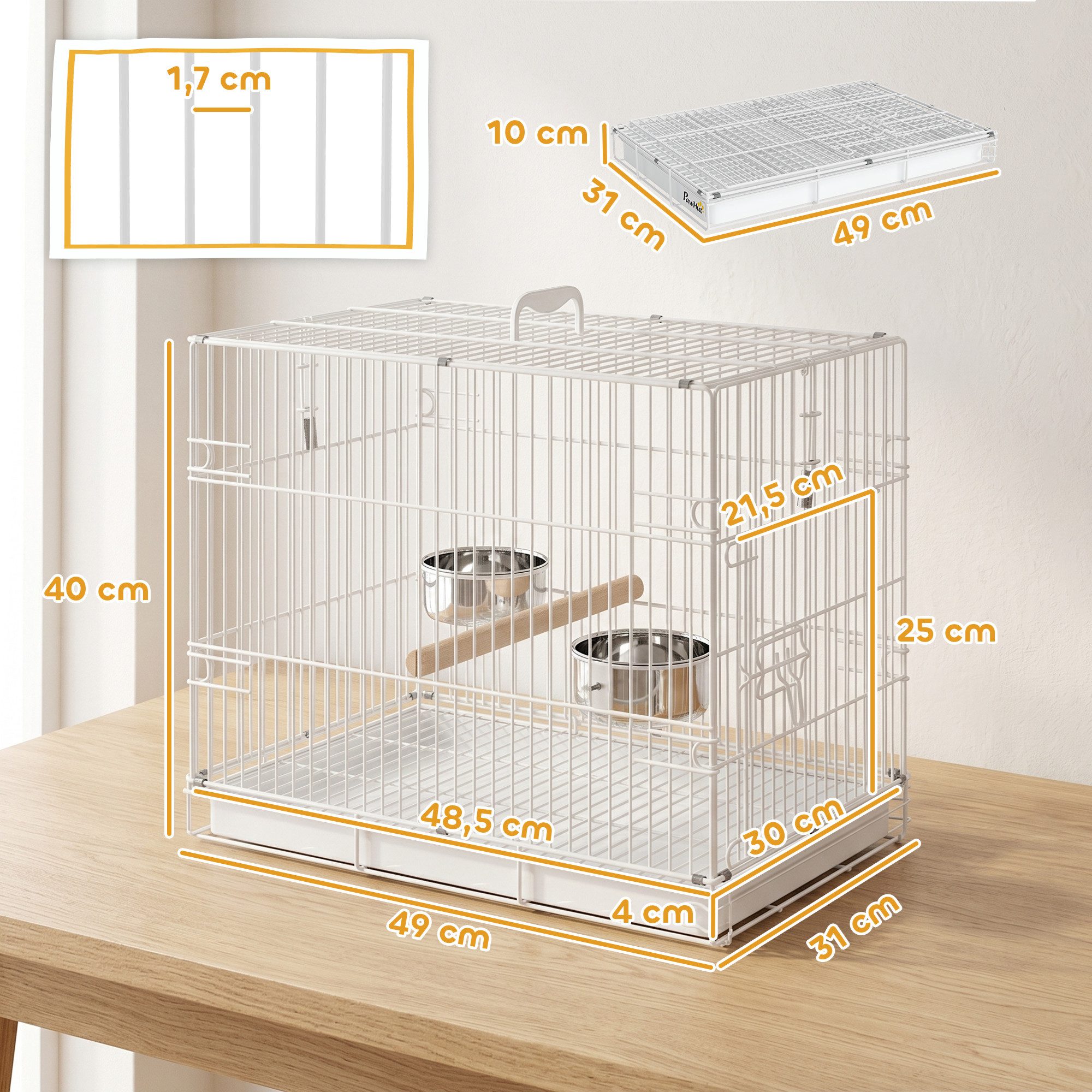PawHut Vogelkäfig Klappbar Vogelhaus mit Holzsitzstange, für Wellensittiche, Nymphensittiche Weiß 49 x 31 x 40 cm