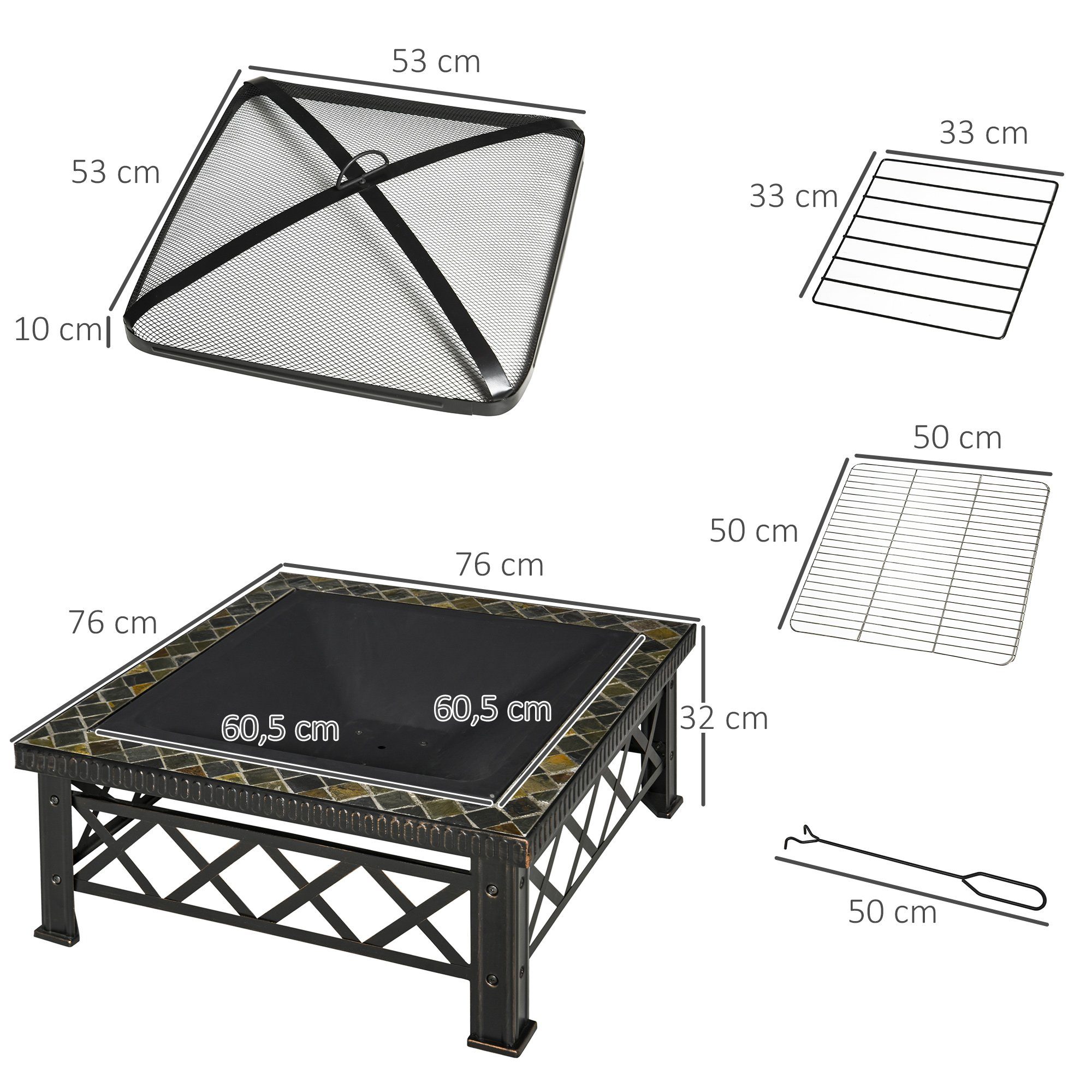 Outsunny Feuerschale mit Funkenschutz, Grillrost, Eiskübel, (3-in-1 Feuerschale, 1-St., Feuerkorb), Schwarz 76 x 76 x 47cm