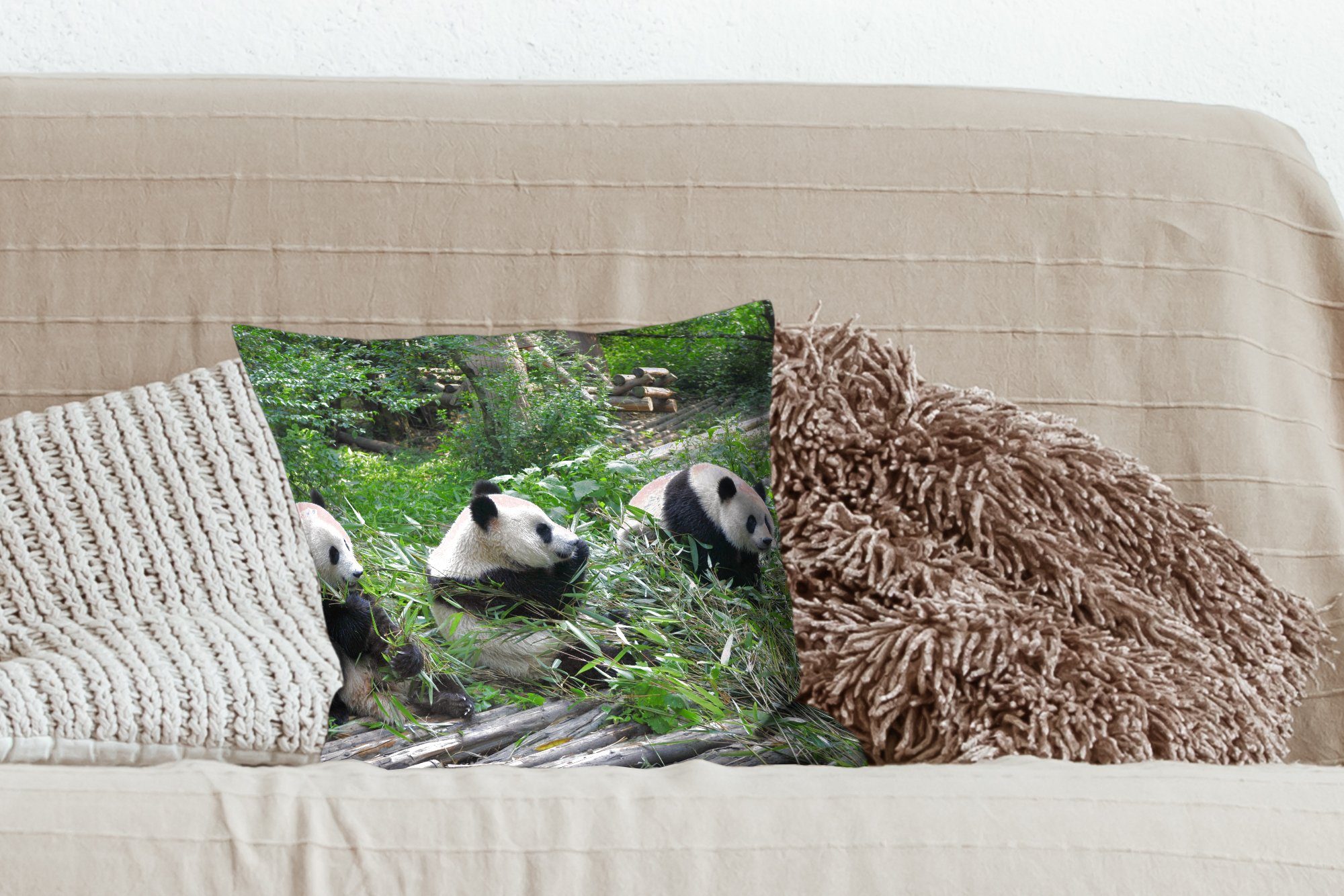 mit Sofakissen Natur Schlafzimmer, - Füllung Wohzimmer, Panda Deko, Bambus, MuchoWow für Zierkissen Dekokissen -