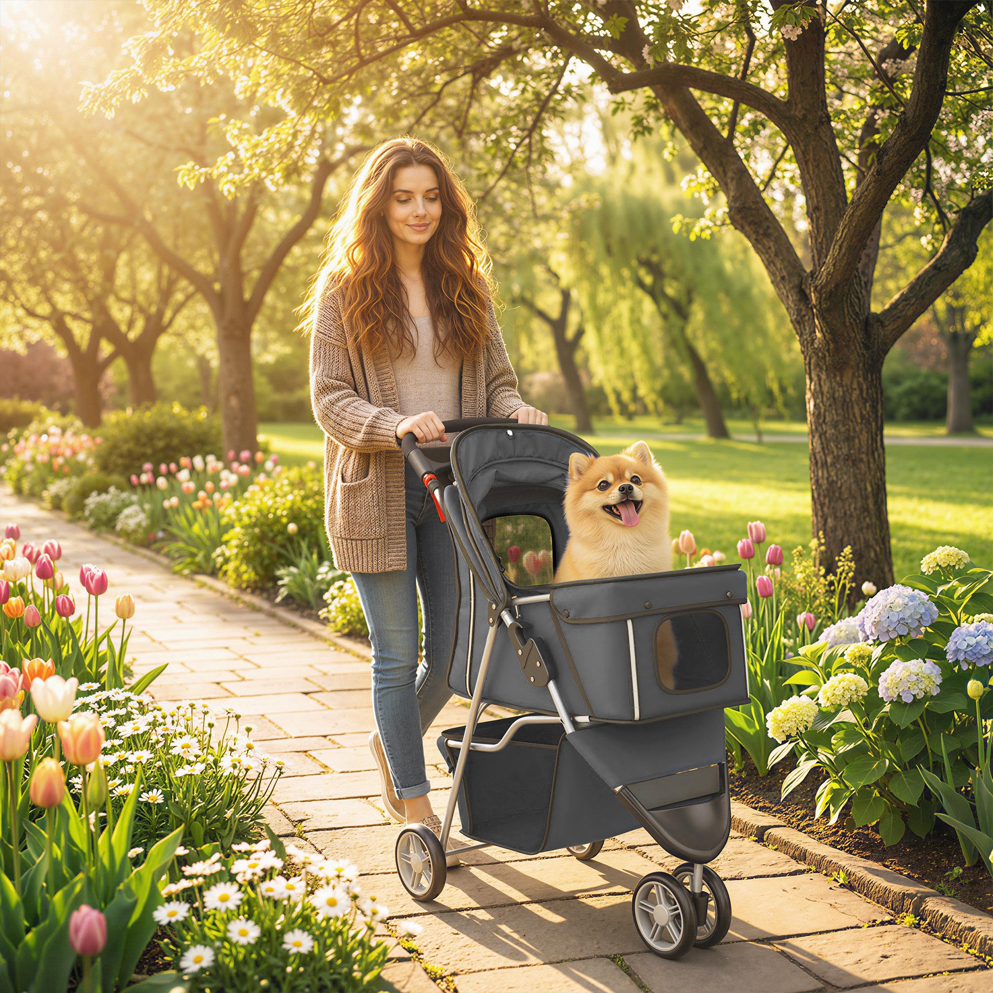 PawHut Hundebuggy Katzenwagen mit verstellbar Verdeck Aufbewahrungskorb Getränkehalter, (Faltbar Hundewagen, 1-tlg), für kleine Hunde bis 10kg, Dunkelgrau