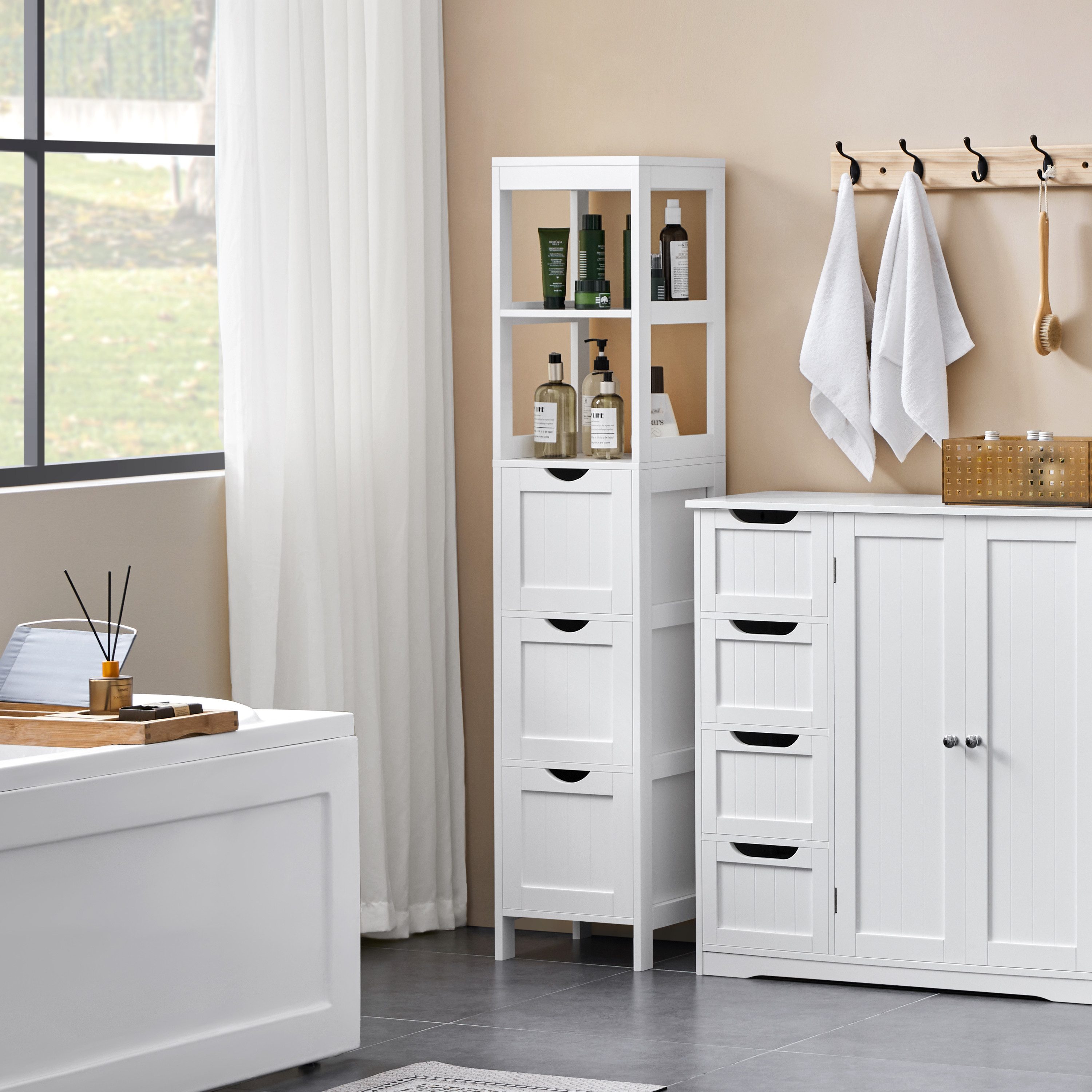 Yaheetech Hochschrank Badezimmerschrank mit 3 Schubladen & 2 Ablagefächern platzsparender Aufbewahrungsschrank, 30 × 30 × 142 cm – Bild 3 von 5