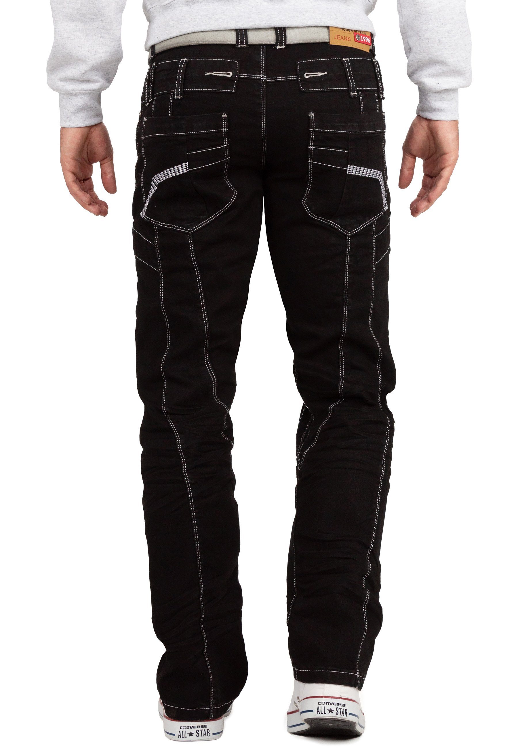 Auffällige Ziernähten Lupo mit 5-Pocket-Jeans Hose und Herren BA-KM8004 Nieten schwarz Kosmo