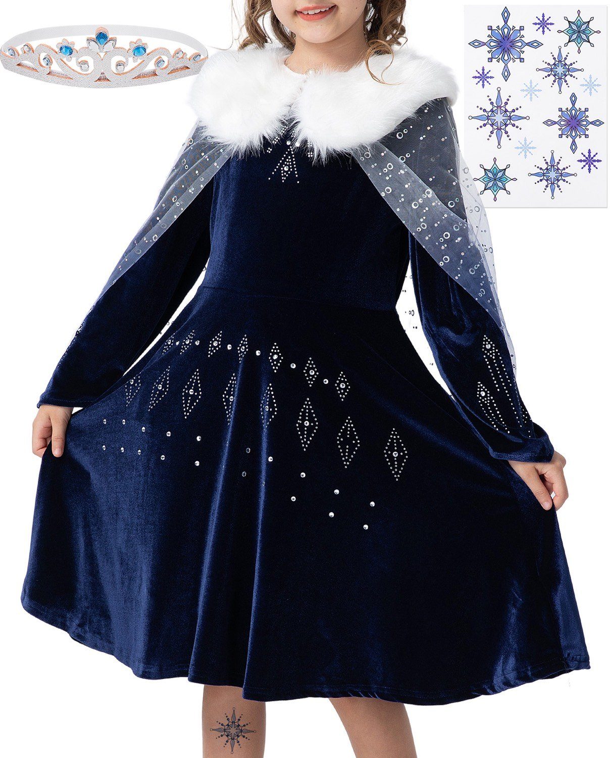 Corimori Prinzessin-Kostüm Elastisches Eiskönigin Kleid, mit Tattoos & Diadem, Elsa, Frozen, Prinzessinenkleid, Fasching,  dunkel-blau, Размер 140/146