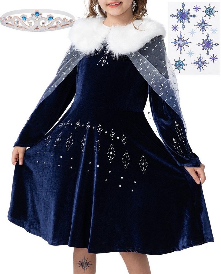 Corimori Prinzessin-Kostüm Elastisches Eiskönigin Kleid, mit Tattoos & Diadem, Elsa, Frozen, Prinzessinenkleid, Fasching, dunkel-blau, Größe 104/110