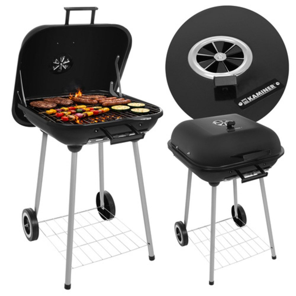 Kaminer Standgrill Holzkohlegrill Gartengrill Barbecue, Klappdeckel, Luftregler, 2 Roste, Rollen, Ablagerost