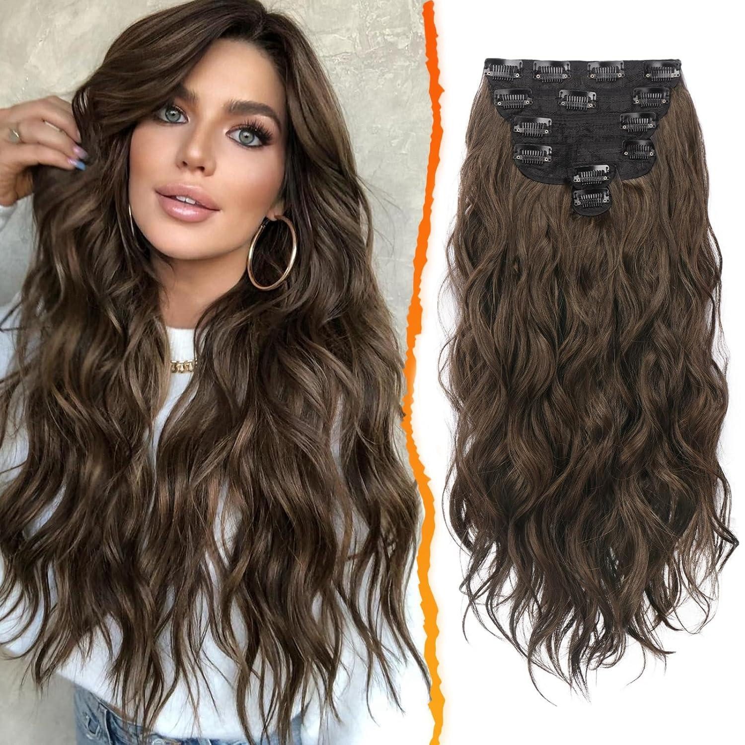 Kunsthaar-Extension Clip in Extensions 50CM Wellige Haarverlängerungen 6 Stück Braun