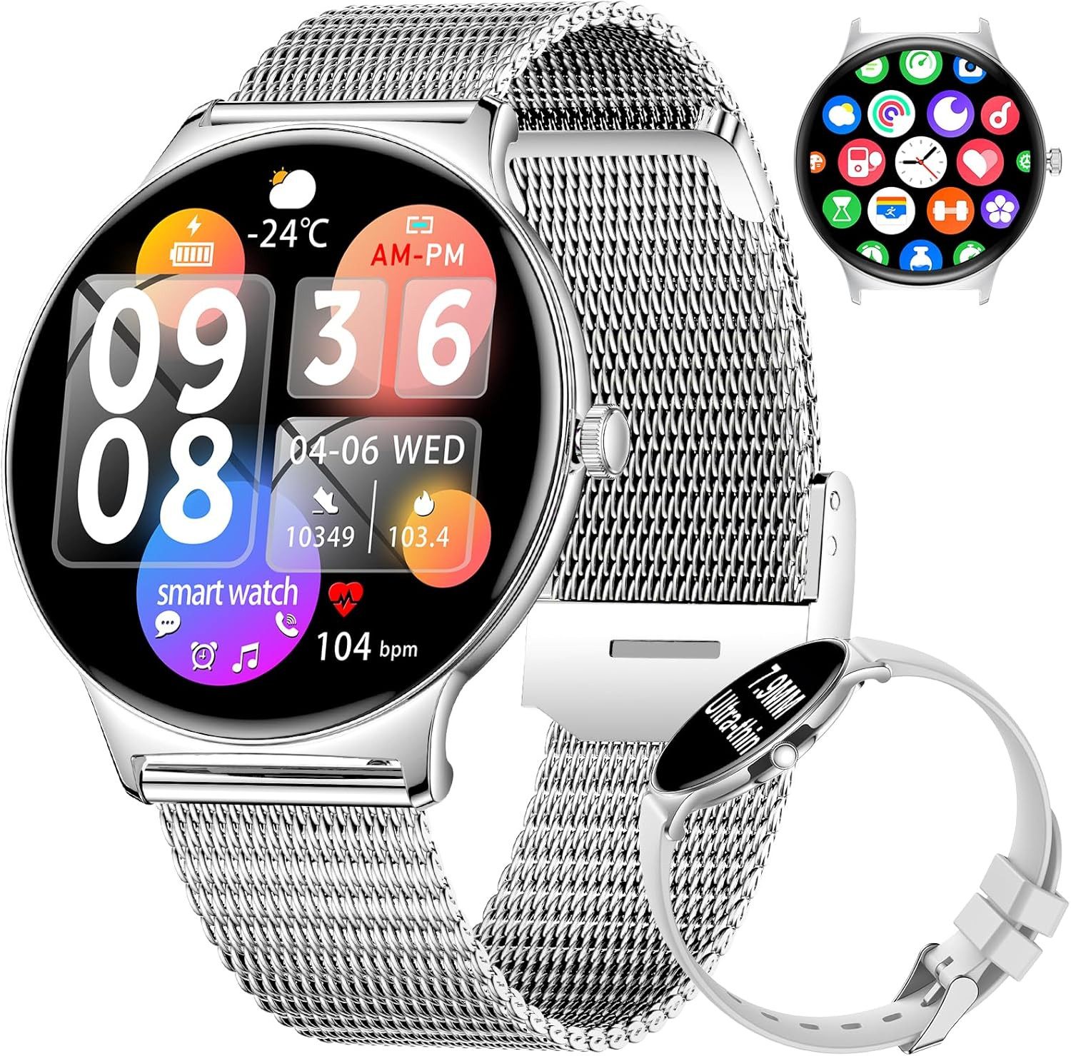 BENYAR FV12-E Smartwatch (3,6 cm, android ios), Smartwatch Damen 1,43" AMOLED, Bluetooth Anruf, 120 Sportmodi