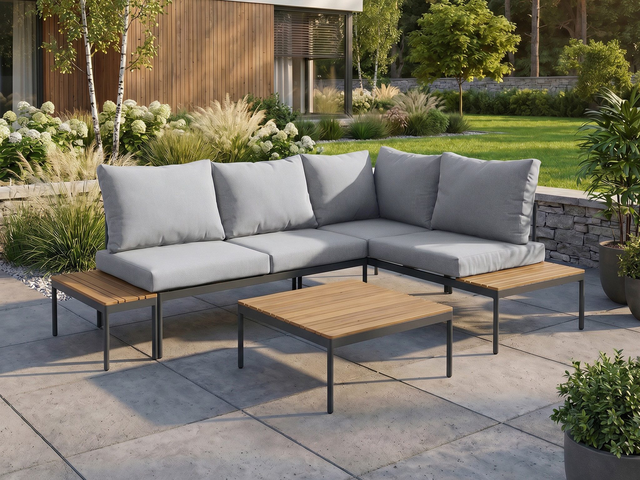 Beautysofa Gartenlounge-Set LIVORNO Gartenmöbel mit Stahlgestell, (modulare Lounge Möbel mit Stahlgestell, 3-tlg., Garten-Ecksofa + Couchtisch + Beistelltisch), in 3 Farben Beige, Grau und Dunkelgrau