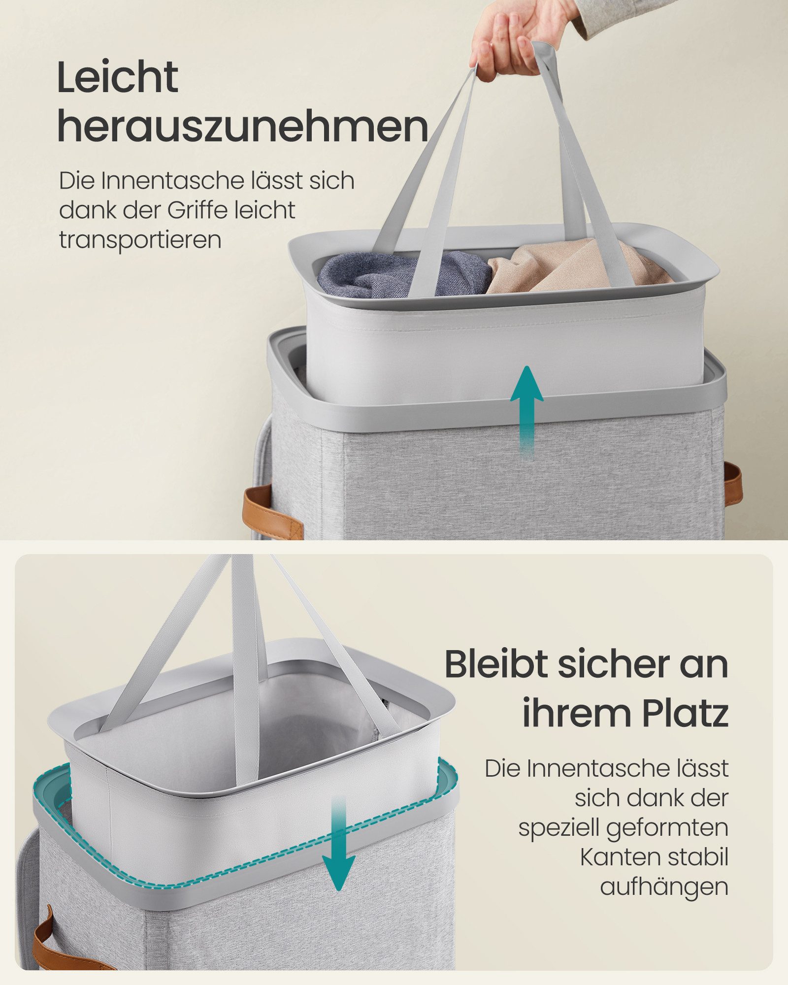 SONGMICS Wäschekorb Wäschetonne, mit Deckel und Griffen, herausnehmbarer Wäschesack, 100 L Wäschesammler, leichter Aufbau, 42 x 32 x 75 cm – Bild 5 von 5