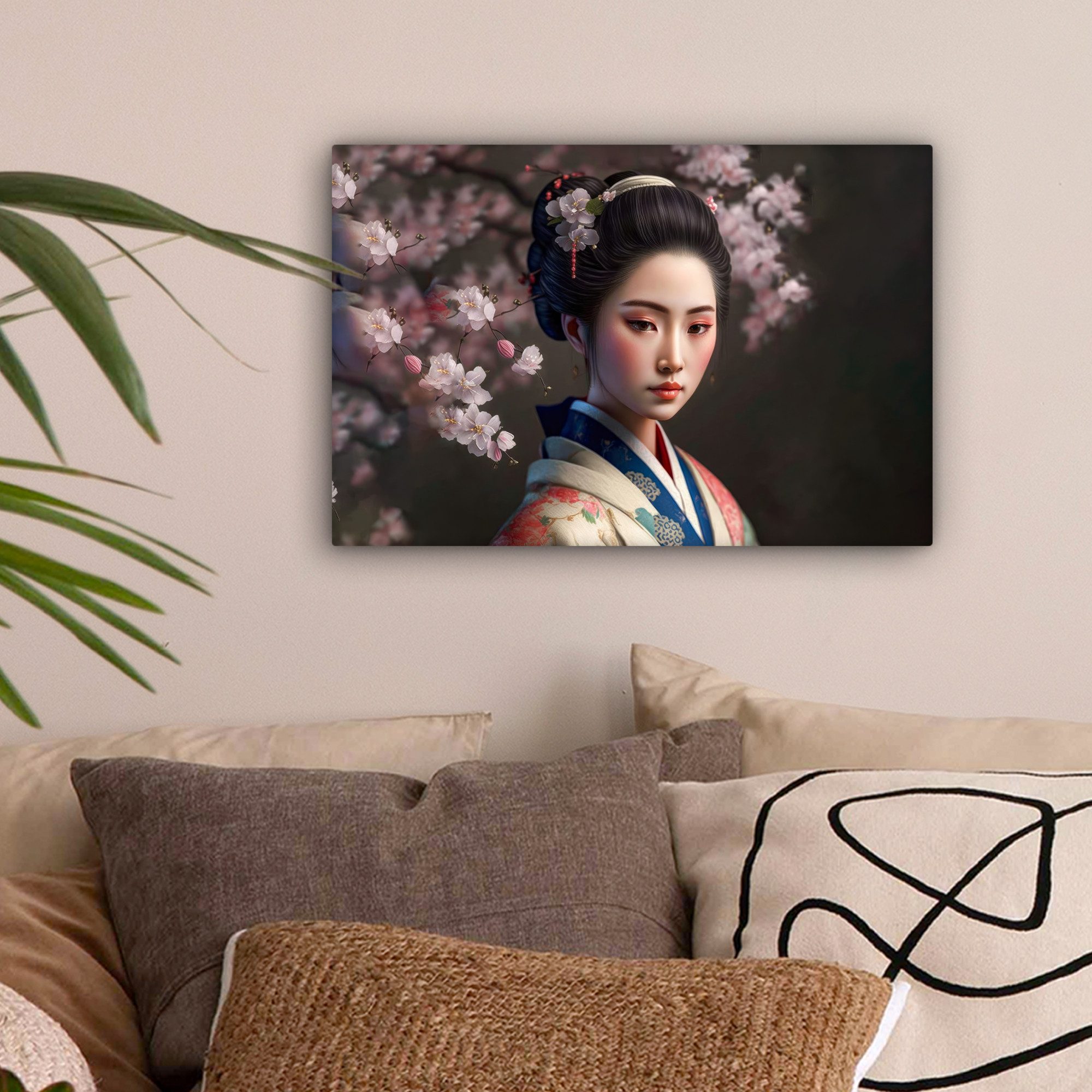 OneMillionCanvasses® Leinwandbild Frau - Sakura - Kimono - Asiatisch - Porträt, Fotodruck (1 St), Leinwand Bilder Klein, Wand Dekoration Aesthetic 30x20 cm
