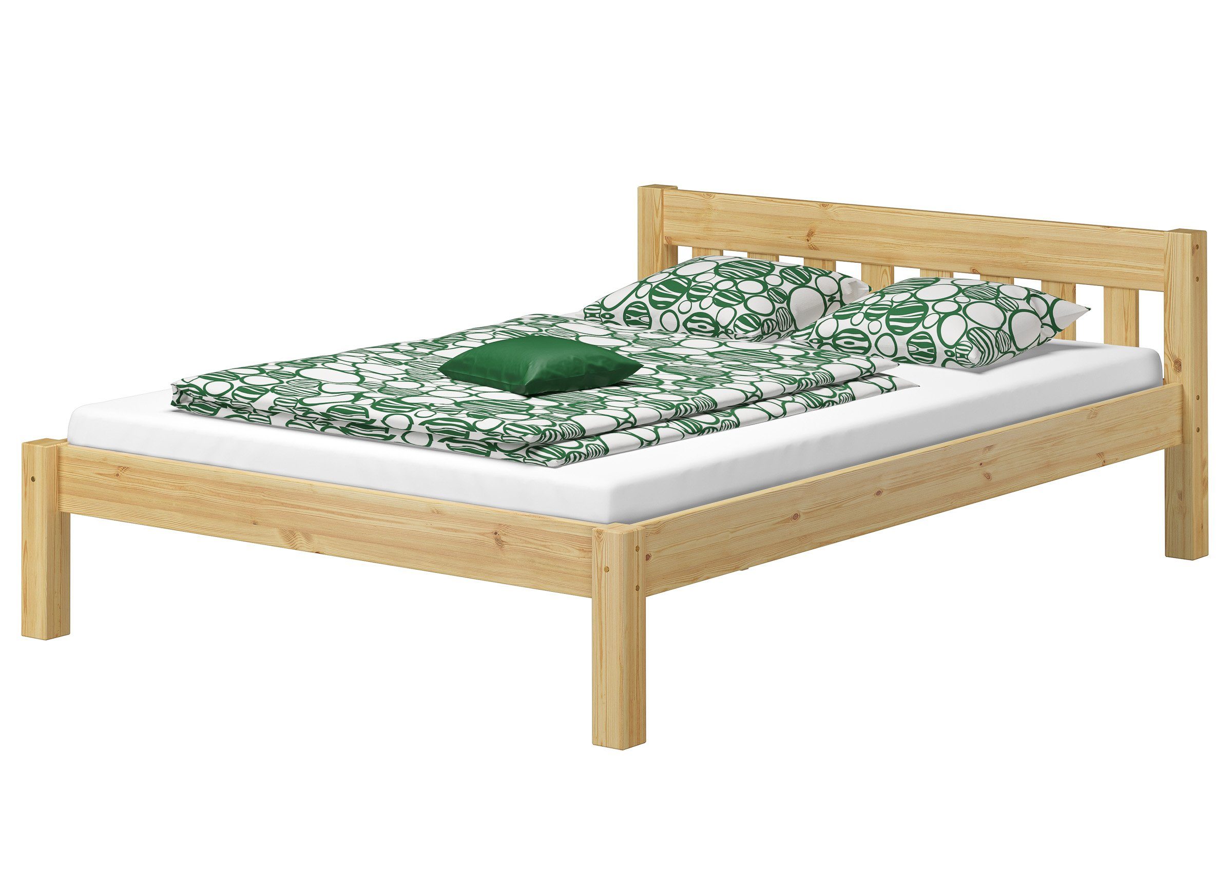 ERST-HOLZ Bett Kurzes Doppelbett Massivholzbett 140x190 aus Kiefer, wählbares Zubehör, Kieferfarblos lackiert