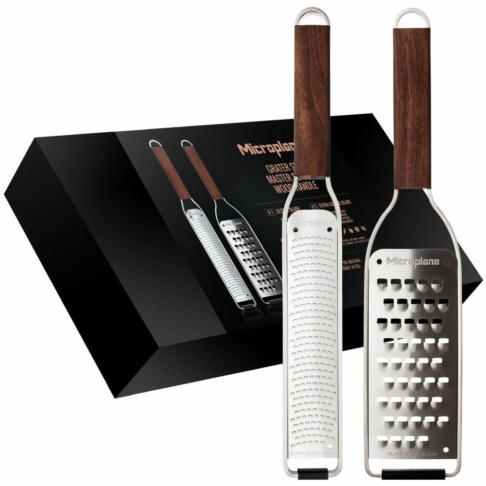 Microplane Küchenreibe Master-Geschenkset 2-tlg., Edelstahl, Walnuss, Gummi, (Set, 2-St), mit Walnussholz-Griff