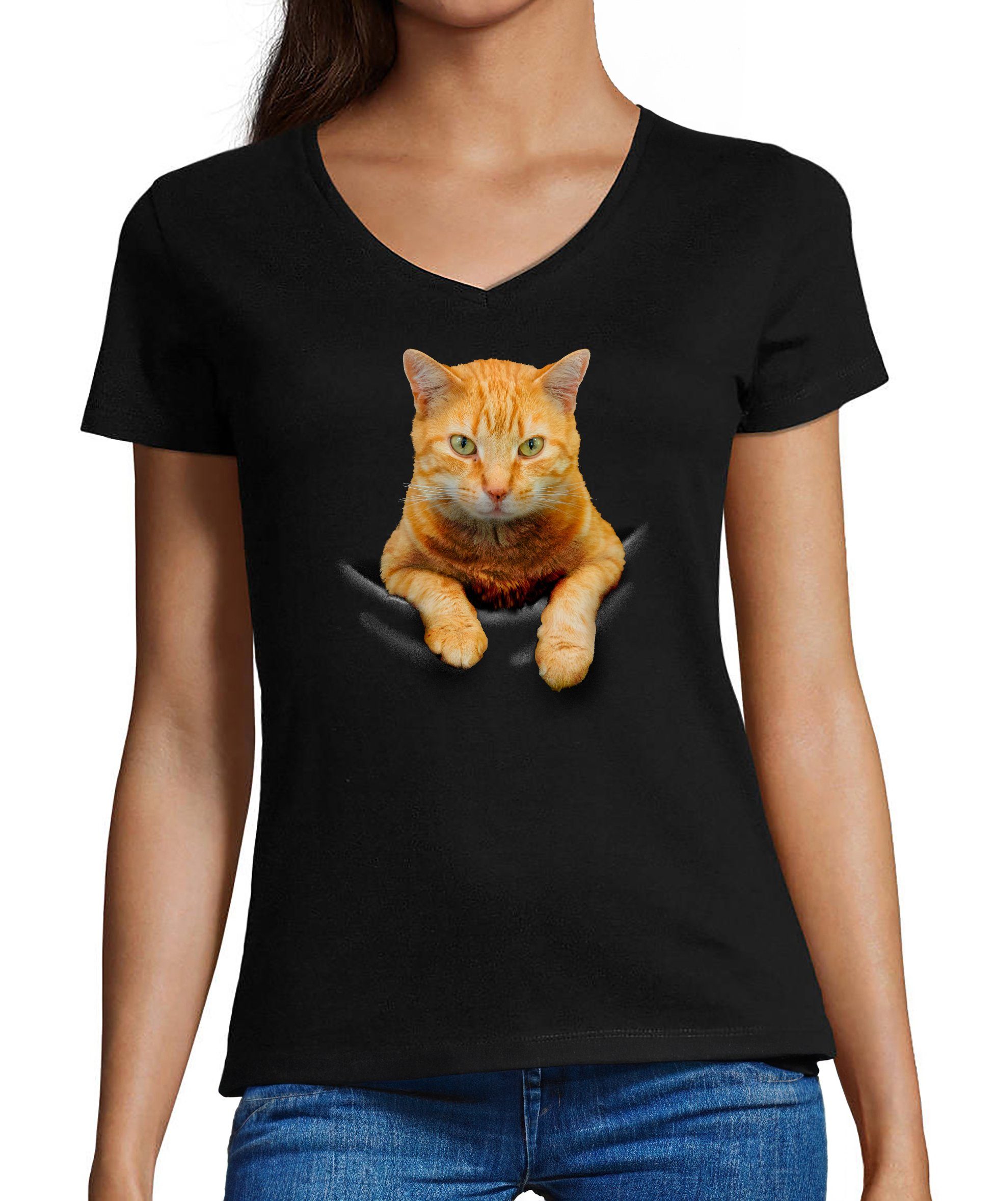 MyDesign24 T-Shirt Damen Katzen Print Shirt bedruckt - Gelbe Katze in der Tasche Slim Fit, i109, Baumwollshirt mit Aufdruck