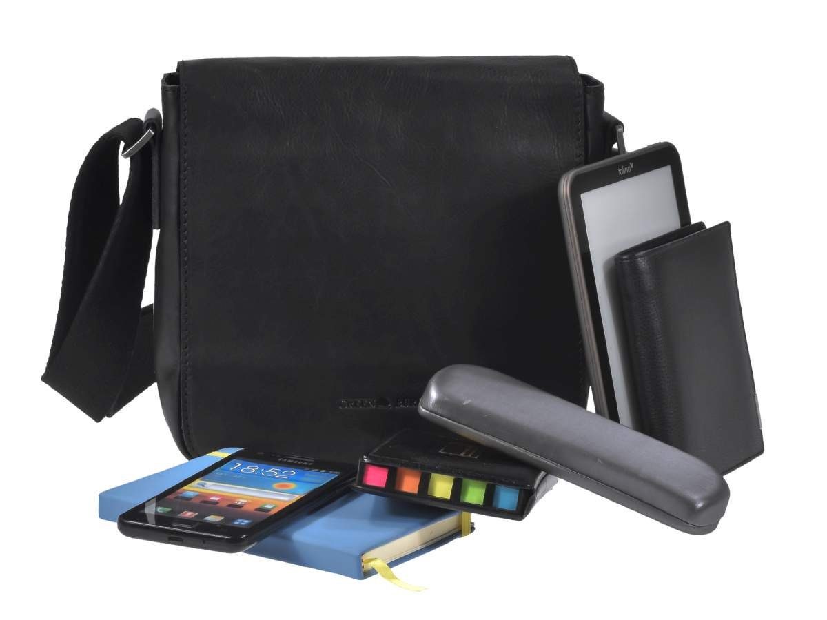 Greenburry Umhängetasche Pure Black, Schultertasche 21x20cm, 2 Hauptfächer, Reißverschlussfächer